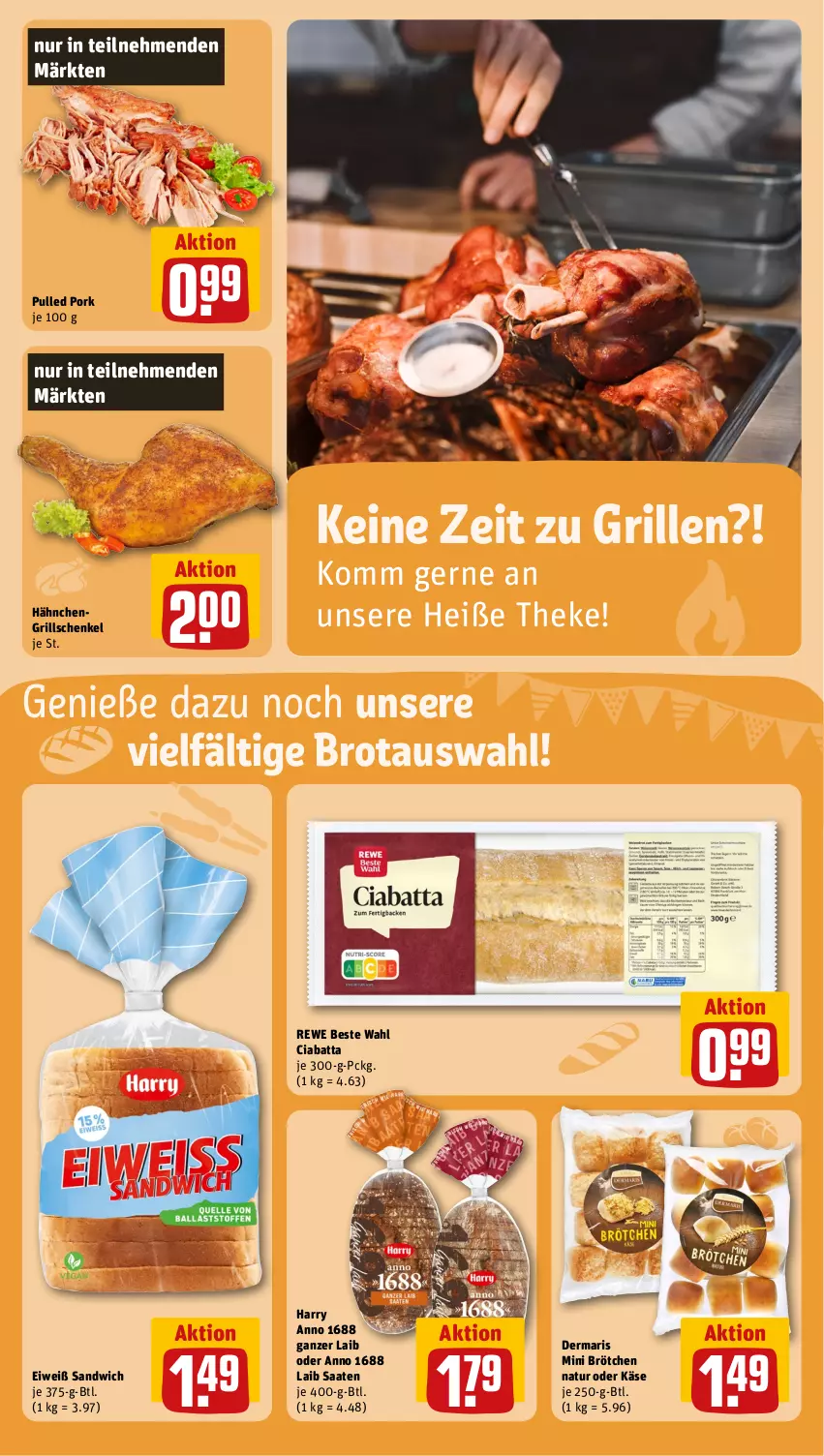 Aktueller Prospekt Rewe - Prospekte - von 15.04 bis 20.04.2024 - strona 11 - produkty: brot, brötchen, ciabatta, grill, henkel, Käse, natur, Pulled Pork, rewe beste wahl, sandwich, schenkel, Ti