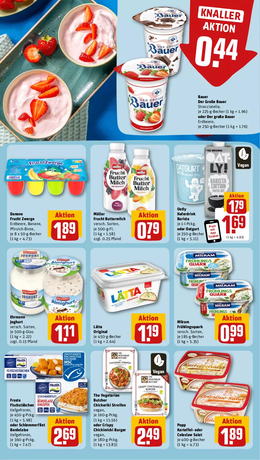 Aktueller Prospekt Rewe - Prospekte - von 15.04 bis 20.04.2024 - strona 12 - produkty: ACC, auer, banane, Bau, Bauer, Becher, beere, bordelaise, burger, butter, buttermilch, Coleslaw, coupon, danone, drink, ehrmann, eis, erdbeere, filet, fisch, fischstäbchen, frosta, frucht, gin, hafer, Haferdrink, joghur, joghurt, kartoffel, lätta, milch, milram, Müller, pfirsich, Popp, quark, reifen, reis, Ria, salat, schlemmerfilet, The Vegetarian Butcher, Ti, Vegeta