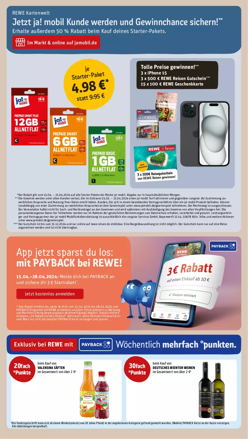 Aktueller Prospekt Rewe - Prospekte - von 15.04 bis 20.04.2024 - strona 15 - produkty: angebot, angebote, congstar, coupon, eis, erde, gewinnspiel, gutschein, iphone, mac, payback, reis, ring, sac, säfte, Ti, valensina, wein, weine