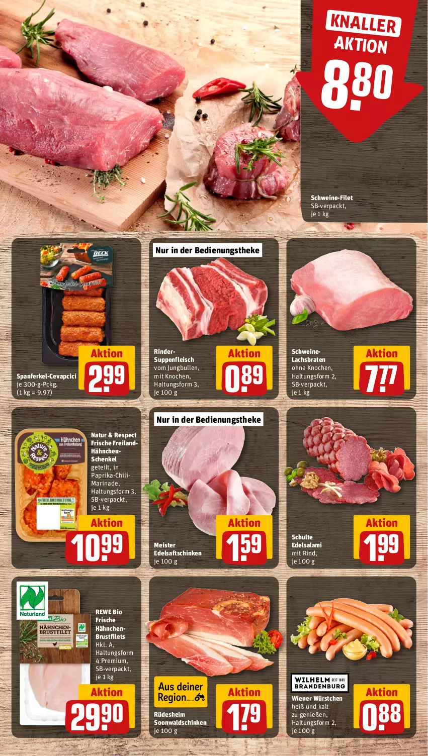 Aktueller Prospekt Rewe - Prospekte - von 15.04 bis 20.04.2024 - strona 8 - produkty: bio, braten, brustfilet, cevapcici, chili, Edelsaftschinken, Edelsalami, eis, filet, filets, fleisch, Frische Hähnchen, hähnchenbrust, hähnchenbrustfilet, hähnchenschenkel, henkel, jungbullen, lachs, Lachsbraten, marinade, Meister, natur, paprika, rewe bio, rind, rinder, saft, saftschinken, salami, schenkel, schinken, schwein, schweine, schweine-filet, Schweinelachs, suppe, suppen, suppenfleisch, Ti, wein, weine, wiener, wiener würstchen, würstchen