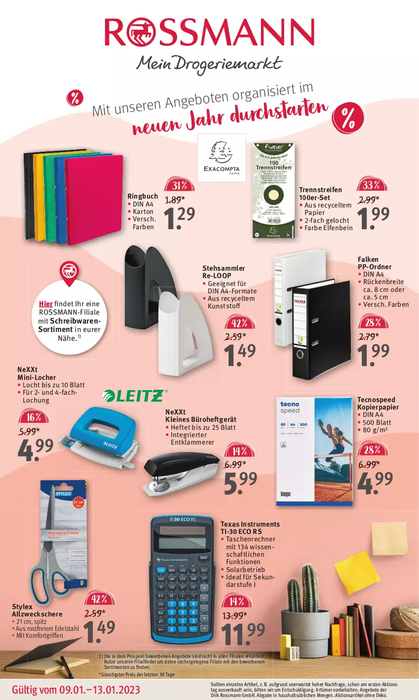 Aktueller Prospekt Rossmann - Prospekte - von 09.01 bis 13.01.2023 - strona 1 - produkty: angebot, angebote, Brei, buch, din a4, edelstahl, eis, ente, Hefte, kopierpapier, lamm, leine, ordner, papier, reifen, reis, ring, rum, Schere, schreibwaren, spee, stylex, Tasche, taschen, Ti, weck, ZTE