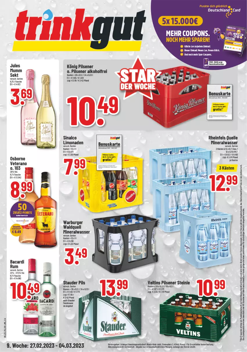 Aktueller Prospekt Trinkgut - von 27.02 bis 04.03.2023 - strona 1 - produkty: alkohol, Alwa, angebot, bacardi, bacardi rum, bier, brause, burger, coupon, coupons, deutschlandcard, elle, fassbrause, flasche, jules mumm, könig pilsener, limo, limonade, limonaden, mineralwasser, mumm, osborne, pils, pilsener, rheinfels quelle, rum, sac, sekt, sinalco, Ti, veltins, veltins pilsener, veterano, wasser