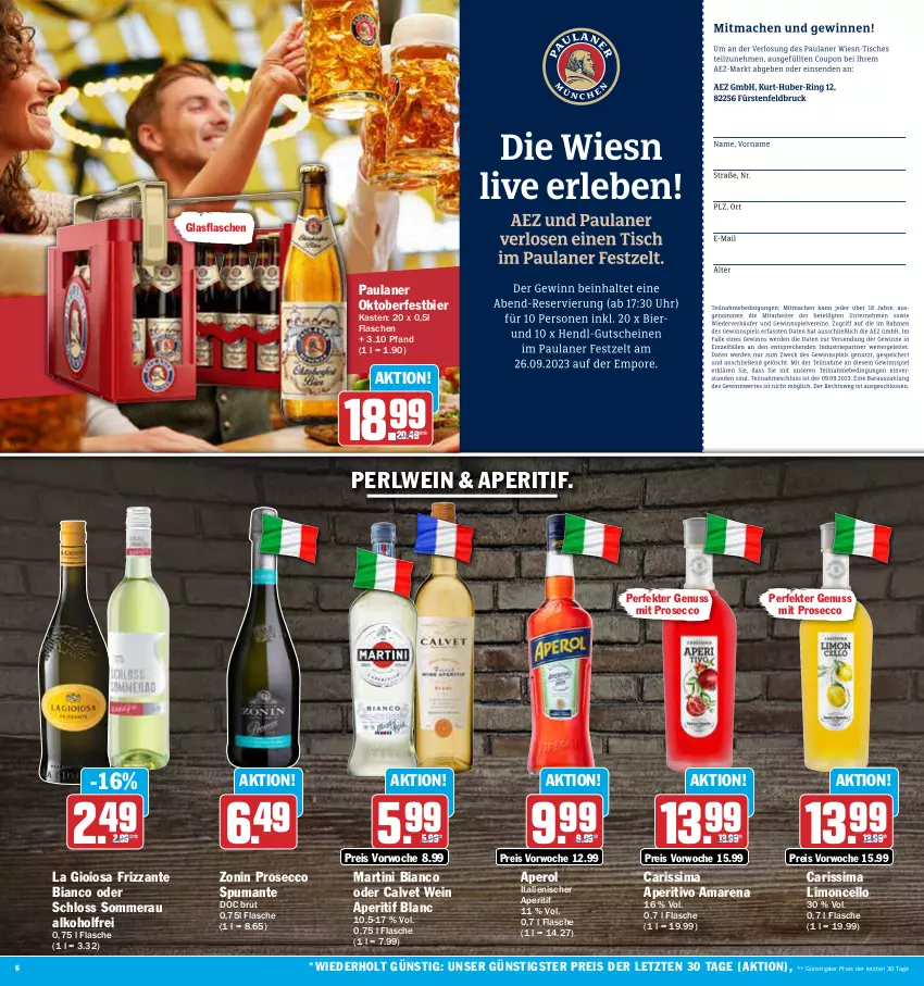 Aktueller Prospekt Aez - Prospekte - von 28.08 bis 02.09.2023 - strona 6 - produkty: alkohol, aperitif, aperol, bier, brut, ecco, eis, flasche, frizzante, glasflasche, La Gioiosa, limo, martini, nuss, Paula, paulaner, prosecco, puma, reis, sim, spumante, Ti, wein, zonin, ZTE