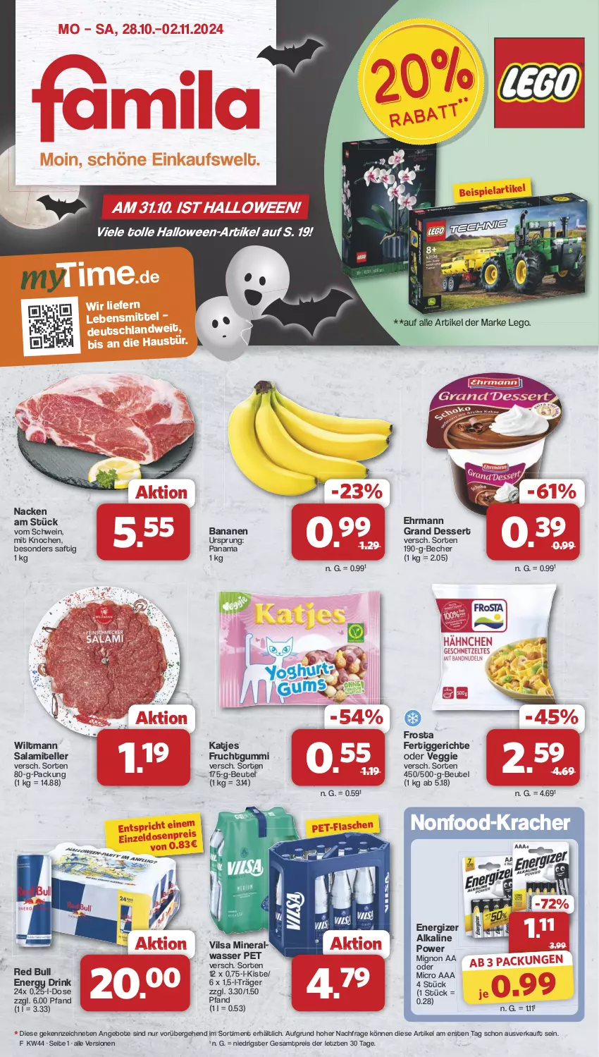 Aktueller Prospekt Famila - Prospekte - von 28.10 bis 02.11.2024 - strona 1 - produkty: Alwa, angebot, angebote, aust, banane, bananen, Becher, beutel, dessert, drink, ehrmann, Ehrmann Grand Dessert, eis, elle, energizer, energy drink, fertiggericht, fertiggerichte, flasche, frosta, frucht, fruchtgummi, katjes, kracher, lebensmittel, mineralwasser, pet-flasche, pet-flaschen, red bull, reis, saft, salami, schwein, teller, Ti, veggie, vilsa, wasser, wein, wiltmann, ZTE