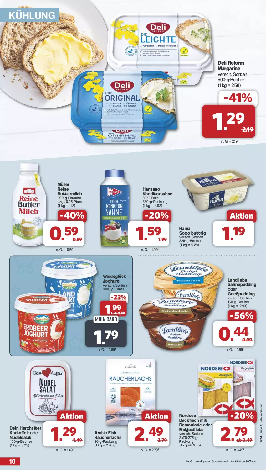 Aktueller Prospekt Famila - Prospekte - von 28.10 bis 02.11.2024 - strona 10 - produkty: backfisch, Becher, butter, buttermilch, deli reform, eimer, eis, filet, filets, fisch, flasche, Grießpudding, joghur, joghurt, kartoffel, lachs, landliebe, margarine, matjes, Matjesfilet, matjesfilets, milch, Müller, Nordsee, nudel, nudelsalat, pudding, rama, Räucherlachs, reine buttermilch, reis, remoulade, sahne, salat, Ti, ZTE