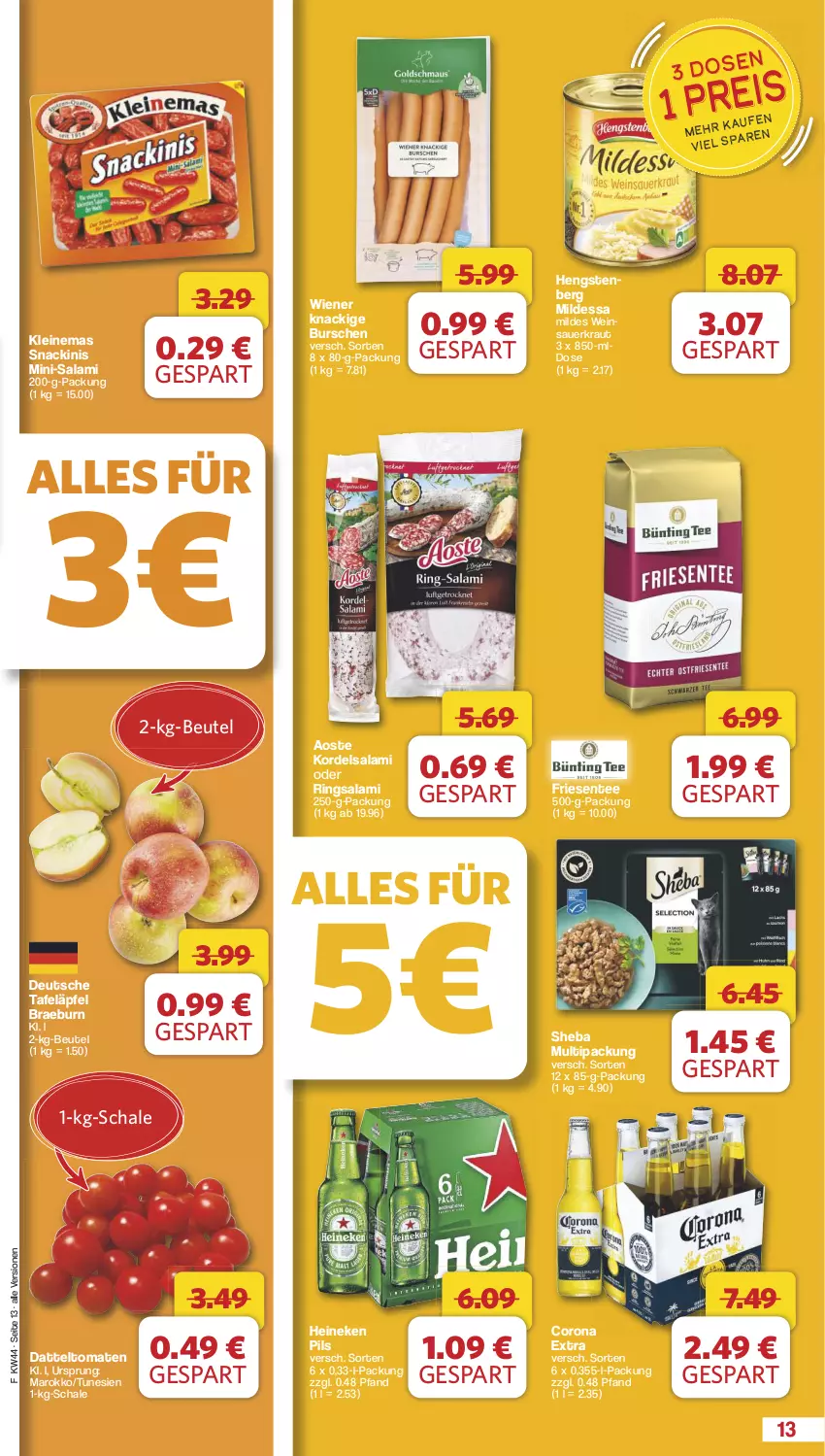 Aktueller Prospekt Famila - Prospekte - von 28.10 bis 02.11.2024 - strona 13 - produkty: auer, beutel, corona, corona extra, datteltomaten, eis, ente, heineken, hengstenberg, Kraut, leine, Mini-Salami, pils, reis, ring, salami, Sauerkraut, Schal, Schale, sheba, snack, tafeläpfel, tee, Ti, tomate, tomaten, wein, Weinsauerkraut, wiener, ZTE