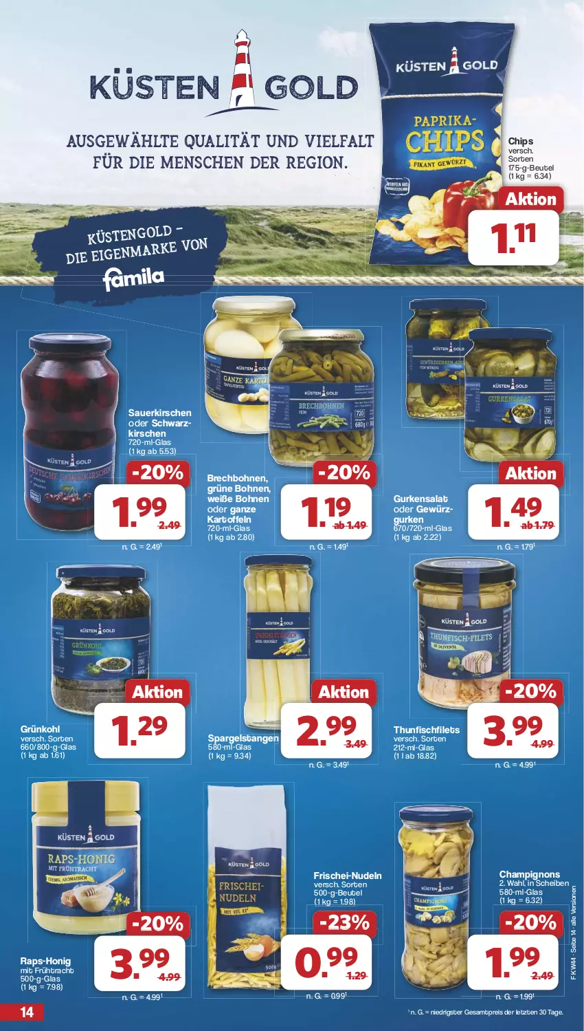 Aktueller Prospekt Famila - Prospekte - von 28.10 bis 02.11.2024 - strona 14 - produkty: auer, beutel, bohne, bohnen, champignon, champignons, chips, eis, filet, filets, fisch, frischei-nudeln, gewürz, Gewürzgurke, gewürzgurken, grüne bohnen, gurke, gurken, gurkensalat, honig, kartoffel, kartoffeln, kirsch, kirsche, kirschen, nudel, nudeln, reis, salat, sauerkirschen, spargel, thunfisch, Ti, Weiße Bohnen, ZTE