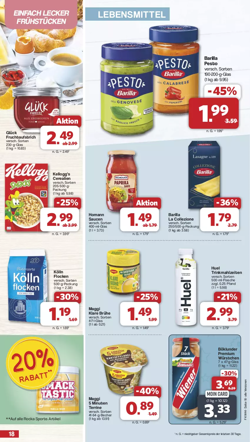 Aktueller Prospekt Famila - Prospekte - von 28.10 bis 02.11.2024 - strona 18 - produkty: aufstrich, barilla, Becher, böklunder, Brühe, cerealien, eis, flasche, frucht, fruchtaufstrich, homann, Kellogg‘s, kölln, lebensmittel, maggi, pesto, reis, sauce, saucen, Sport, terrine, Ti, würstchen, ZTE