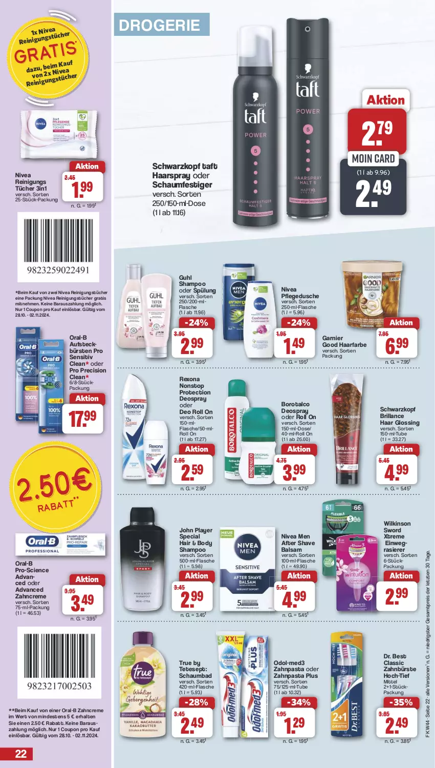 Aktueller Prospekt Famila - Prospekte - von 28.10 bis 02.11.2024 - strona 22 - produkty: after shave, aufsteckbürsten, Bad, balsam, body, Borotalco, brillance, bürste, bürsten, Cien, coupon, creme, deo, deospray, Dr. Best, dusche, einwegrasierer, eis, flasche, garnier, Guhl, haarspray, nivea, Nivea Men, oder schaumfestiger, Odol, oral-b, pasta, pflegedusche, precision clean, rasierer, Reinigung, reinigungstücher, reis, rexona, schaumbad, schaumfestiger, schwarzkop, schwarzkopf, shampoo, shampoo oder spülung, spülung, Taft, Ti, tücher, wilkinson, zahnbürste, zahncreme, zahnpasta, ZTE