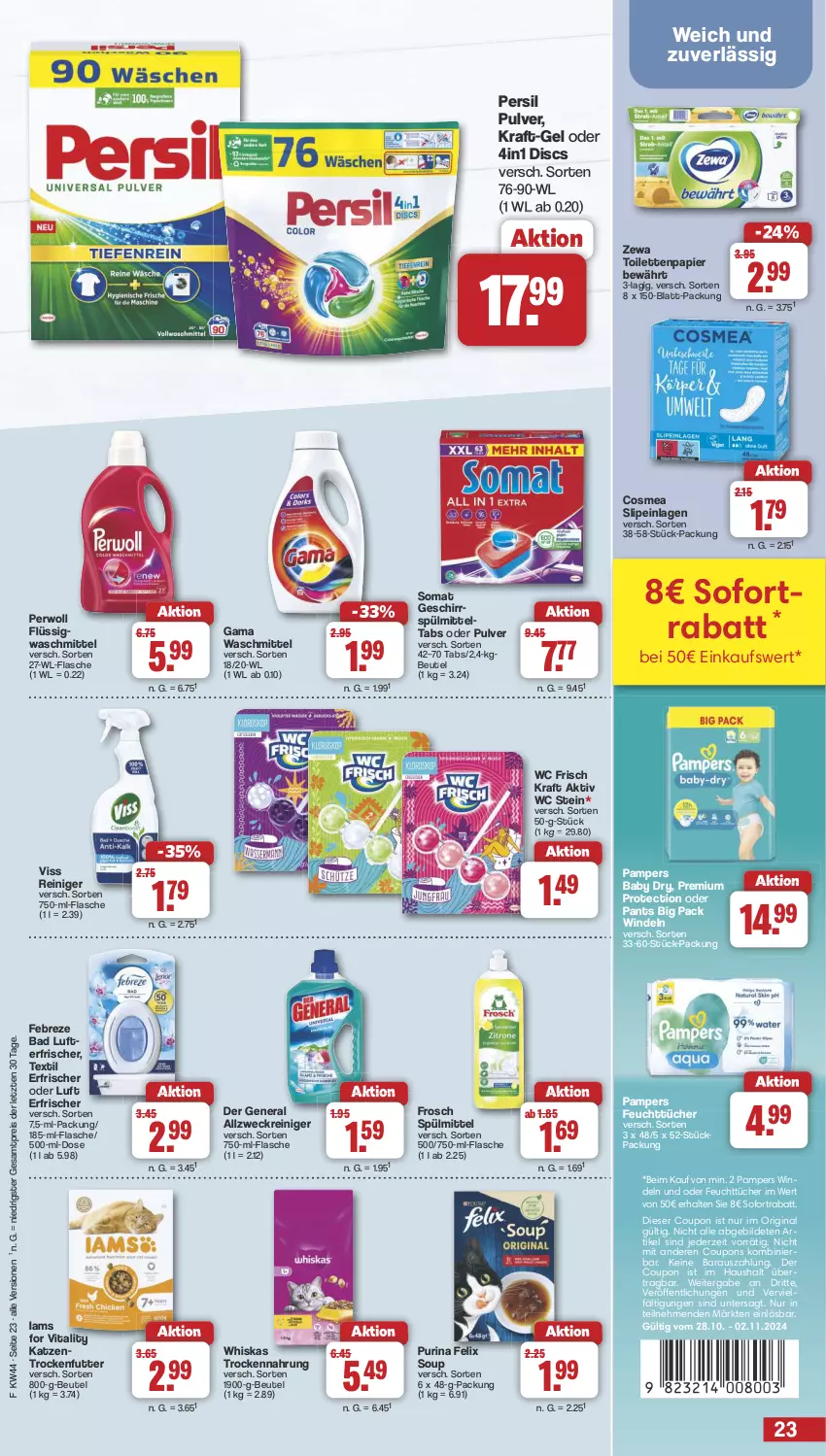 Aktueller Prospekt Famila - Prospekte - von 28.10 bis 02.11.2024 - strona 23 - produkty: allzweckreiniger, Bad, beutel, cosmea, coupon, coupons, eis, febreze, felix, feuchttücher, flasche, Frosch, geschirr, gin, kraft, pampers, pampers baby dry, Pants, papier, persil, perwoll, purina, reiniger, reis, slip, slipeinlagen, sofortrabatt, somat, spülmittel, Ti, toilettenpapier, trockenfutter, Trockennahrung, tücher, vita, vitality, waschmittel, wc frisch, WC Frisch Kraft Aktiv, weck, whiskas, windeln, zewa, ZTE