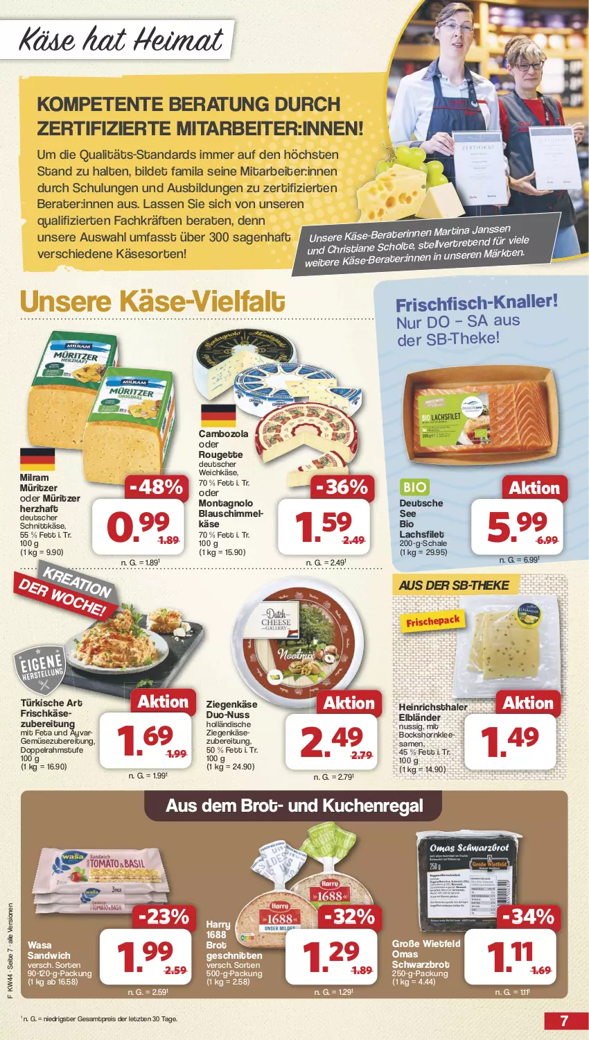 Aktueller Prospekt Famila - Prospekte - von 28.10 bis 02.11.2024 - strona 7 - produkty: bio, brot, cambozola, deutscher schnittkäse, deutscher weichkäse, doppelrahmstufe, eis, ente, feta, filet, fisch, frischfisch, frischkäse, frischkäsezubereitung, heinrichsthaler, Käse, kuchen, lachs, lachsfilet, milram, nuss, regal, reis, rouge, rougette, sandwich, Schal, Schale, schnitten, schnittkäse, Schwarzbrot, tee, Ti, usb, wasa, weichkäse, ziegenkäse, ZTE