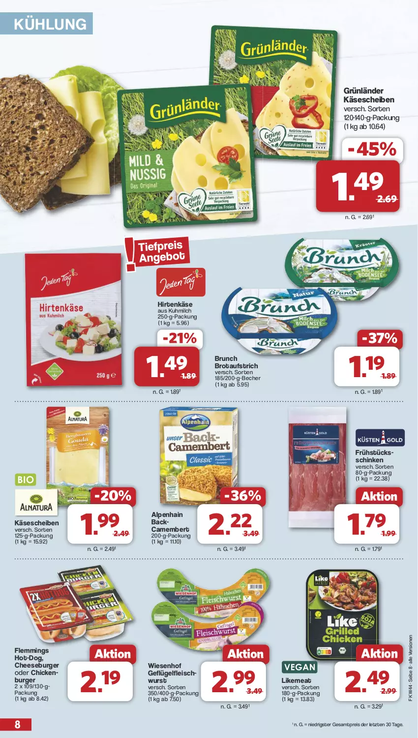 Aktueller Prospekt Famila - Prospekte - von 28.10 bis 02.11.2024 - strona 8 - produkty: Alpenhain, aufstrich, Becher, brot, brotaufstrich, burger, camembert, eis, emmi, fleisch, Geflügel, grünländer, hirtenkäse, Käse, käsescheiben, milch, reis, schinken, Ti, wiesenhof, wurst, ZTE