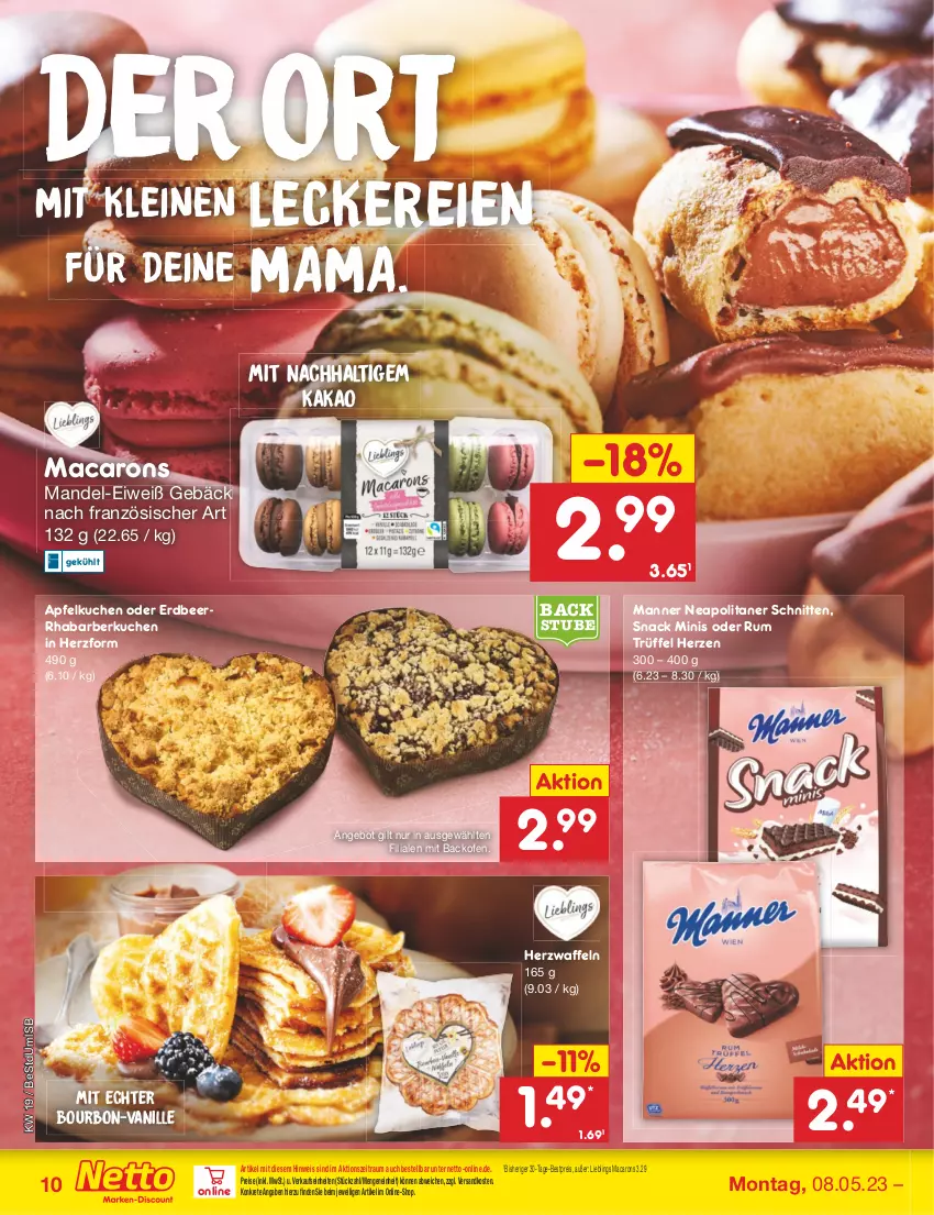 Aktueller Prospekt Netto Marken-Discount - Filial-Angebote - von 08.05 bis 13.05.2023 - strona 10 - produkty: angebot, apfel, Apfelkuchen, backofen, bestpreis, bourbon, eis, kakao, kuchen, leine, mac, Macarons, mam, mandel, Manner, ndk, Ofen, reis, rhabarber, rum, schnitten, snack, stube, Ti, Trüffel, vanille, waffeln