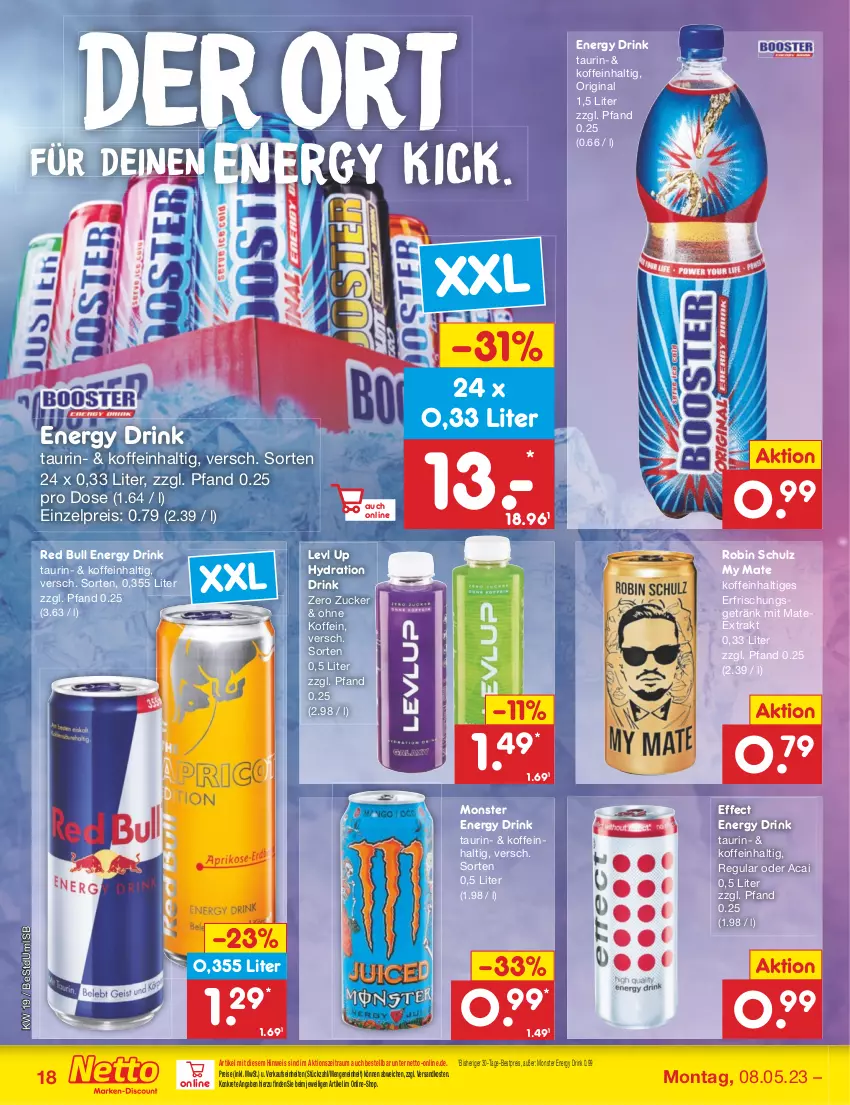 Aktueller Prospekt Netto Marken-Discount - Filial-Angebote - von 08.05 bis 13.05.2023 - strona 18 - produkty: bestpreis, drink, Effect, eis, energy drink, erfrischungsgetränk, getränk, gin, monster, Monster Energy, ndk, red bull, reis, tee, Ti, zucker