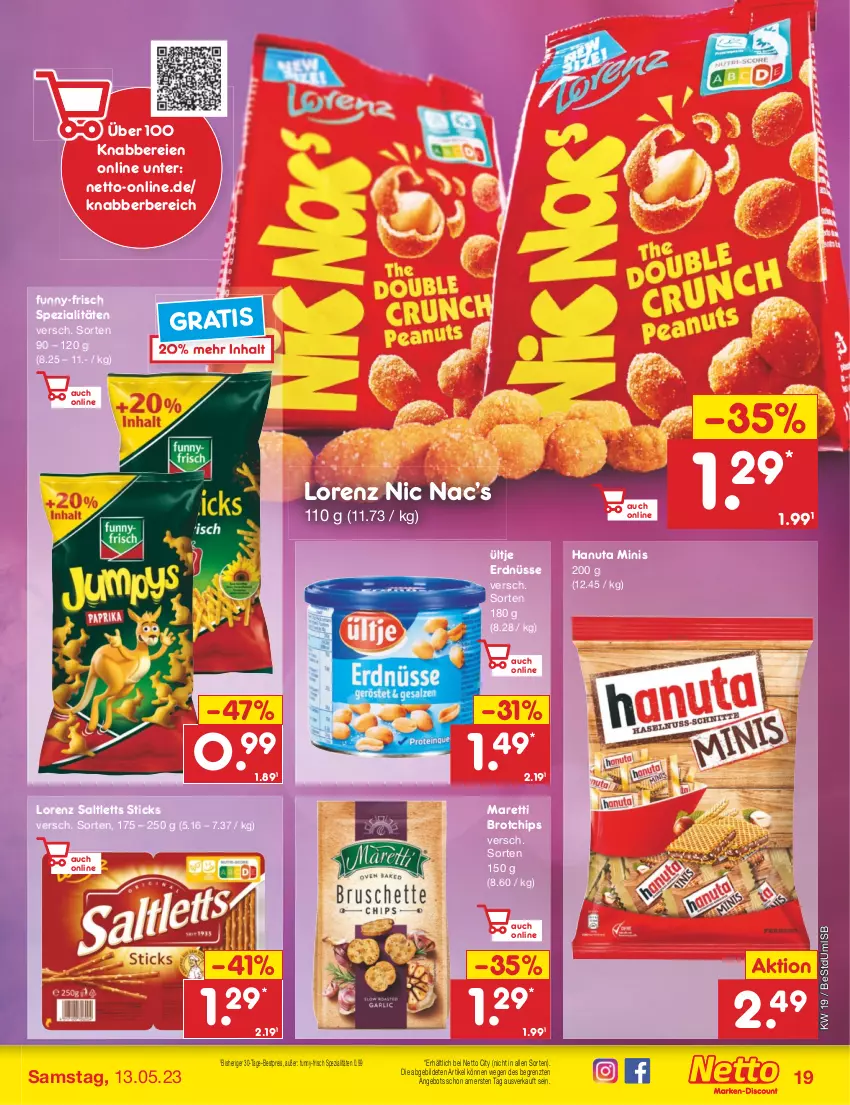 Aktueller Prospekt Netto Marken-Discount - Filial-Angebote - von 08.05 bis 13.05.2023 - strona 19 - produkty: angebot, bestpreis, brot, chips, eis, erdnüsse, funny-frisch, hanuta, lorenz, reis, saltletts, Spezi, Ti, ültje, ültje erdnüsse, ZTE