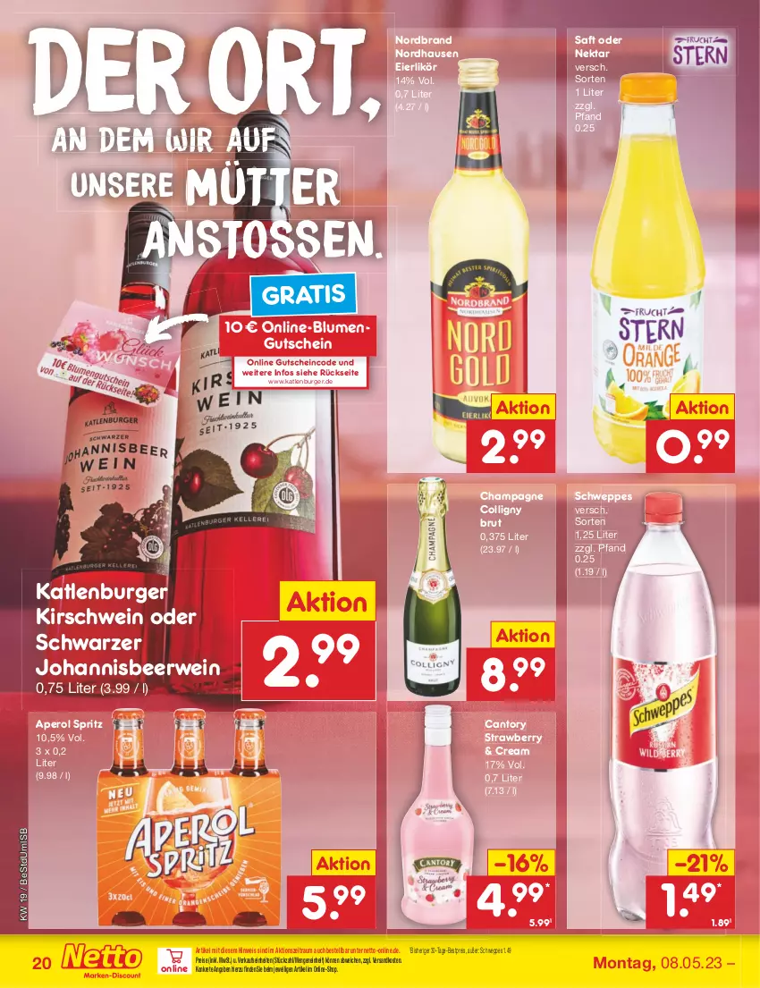 Aktueller Prospekt Netto Marken-Discount - Filial-Angebote - von 08.05 bis 13.05.2023 - strona 20 - produkty: aperol, bestpreis, blume, blumen, brut, burger, champagne, eier, eierlikör, eis, gutschein, katlenburger, kirsch, likör, ndk, Nektar, nordbrand, reis, rwe, saft, schwein, schweppes, Ti, wein