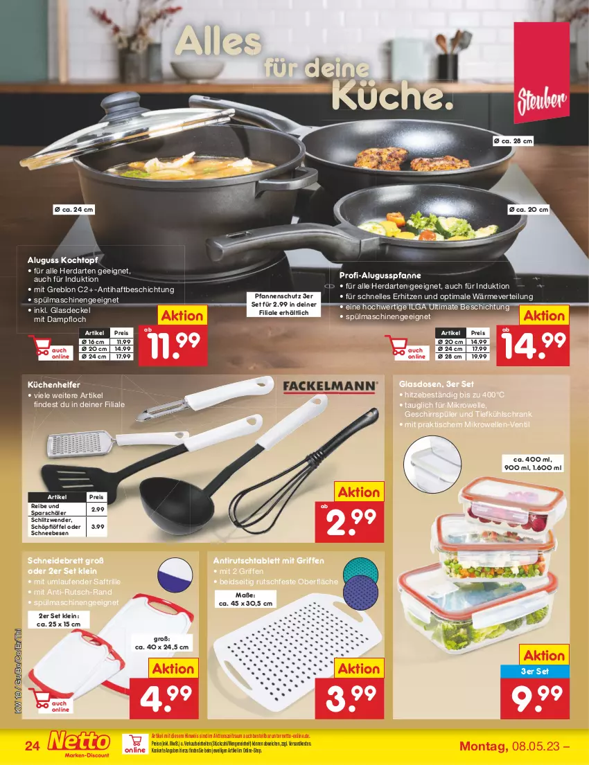 Aktueller Prospekt Netto Marken-Discount - Filial-Angebote - von 08.05 bis 13.05.2023 - strona 24 - produkty: decke, Deckel, eis, elle, geschirr, geschirrspüler, Glasdeckel, herdarten, Kochtopf, küche, Küchen, Küchenhelfer, kühlschrank, Laufen, LG, Löffel, mikrowelle, ndk, pfanne, pfannen, reis, saft, Schneebesen, schneidebrett, Schöpflöffel, Schrank, spülmaschinen, tablet, tablett, Ti, tisch, topf