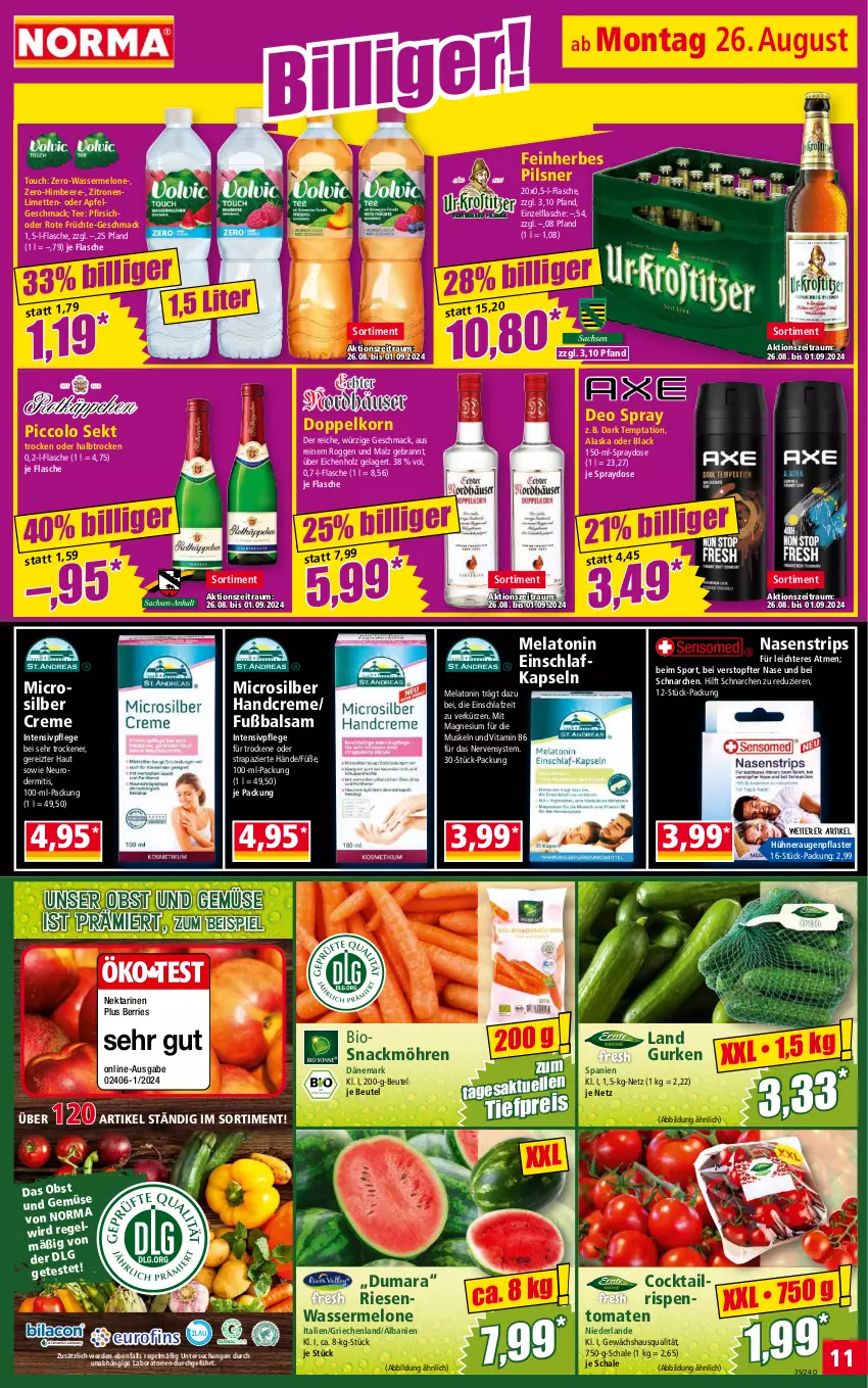 Aktueller Prospekt Norma - Norma - von 26.08 bis 02.09.2024 - strona 11 - produkty: apfel, balsam, beere, beutel, bio, cocktail, creme, deo, deo spray, doppelkorn, eis, erde, flasche, früchte, Gewächshaus, gurke, gurken, handcreme, himbeer, himbeere, Holz, hühner, korn, lack, LG, limette, limetten, mac, magnesium, malz, melone, Mett, metten, möhren, Nektar, nektarinen, obst, Obst und Gemüse, pfirsich, pflaster, pils, pilsner, reis, rispentomaten, Schal, Schale, sekt, snack, Sport, tee, Ti, tiefpreis, tomate, tomaten, topf, und gemüse, vita, Vitamin B, wasser, wassermelone, zitrone, zitronen, ZTE