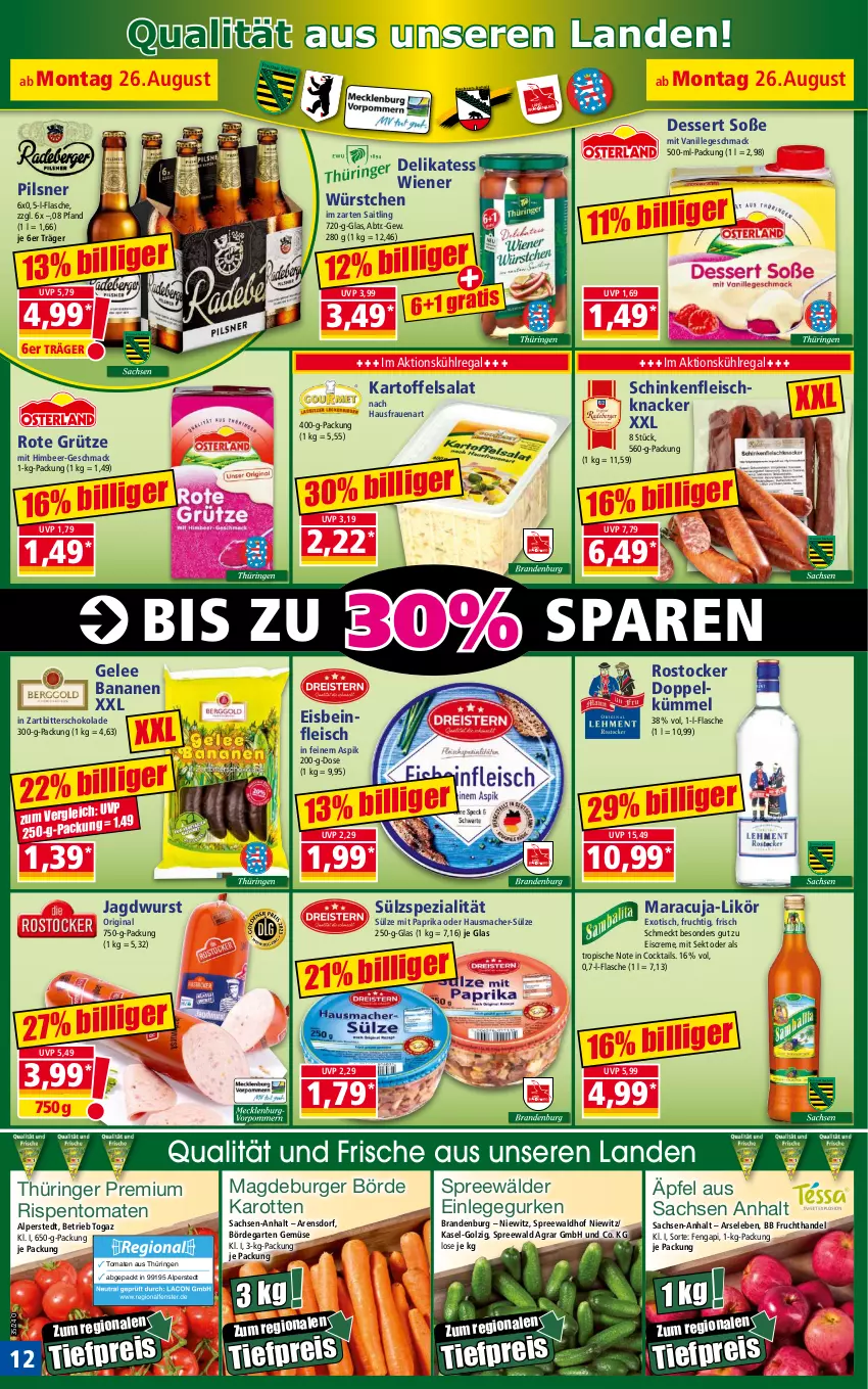 Aktueller Prospekt Norma - Norma - von 26.08 bis 02.09.2024 - strona 12 - produkty: banane, bananen, burger, cocktail, cocktails, creme, dessert, eis, eiscreme, flasche, fleisch, frucht, Garten, gelee, gin, grütze, gurke, gurken, Hausmacher, himbeer, im zarten saitling, jagdwurst, karotten, kartoffel, kartoffelsalat, knacker, kühlregal, likör, mac, maracuja, mit paprika, paprika, pils, pilsner, regal, reis, ring, rispentomaten, Rostocker, Rote Grütze, sac, salat, schinken, schoko, schokolade, sekt, Soße, Spezi, spreewälder, spreewaldhof, Ti, tiefpreis, tisch, tomate, tomaten, vanille, wiener, wiener würstchen, wurst, würstchen