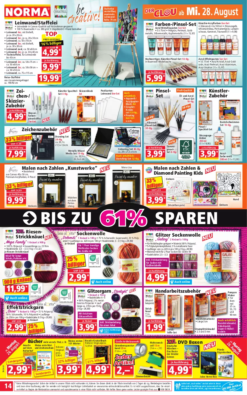 Aktueller Prospekt Norma - Norma - von 26.08 bis 02.09.2024 - strona 14 - produkty: aqua, Bau, baumwolle, Bebe, buch, dell, dvd, eis, elle, Engel, ente, erde, gin, Holz, Kamin, kleber, Kreide, Lampe, LG, Mode, ndk, papier, perlen, Pinsel, Pinselset, Pullover, rama, reis, rel, Ria, ring, rum, Schal, socken, spachtel, Spiele, starlight, stifte, Strickgarn, Tasche, Ti, tisch, wasser, weber, weck, WICK, Wickeltasche, wolle, zitrone, zitronen, ZTE