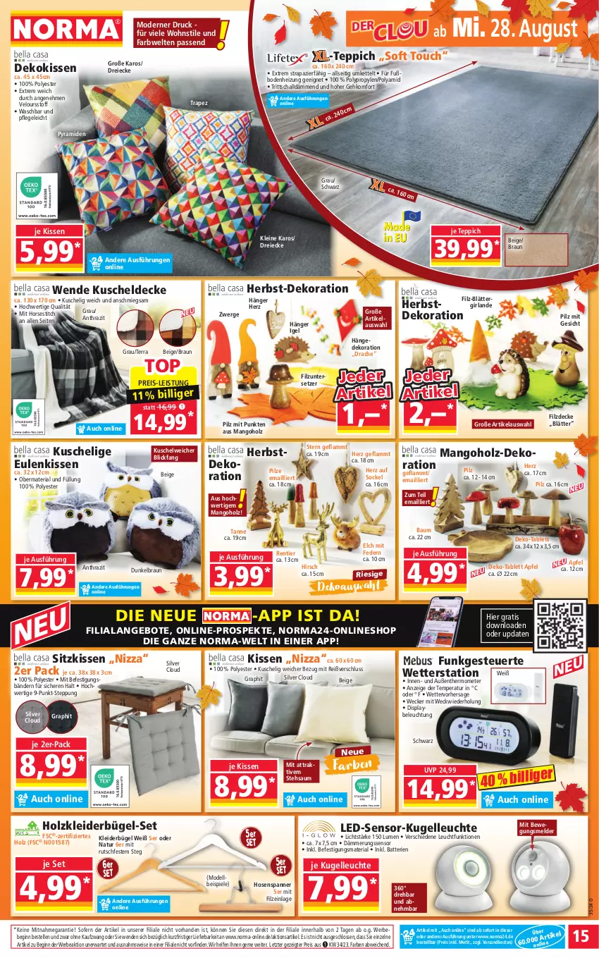 Aktueller Prospekt Norma - Norma - von 26.08 bis 02.09.2024 - strona 15 - produkty: angebot, angebote, apfel, batterie, batterien, Bau, Bebe, beleuchtung, braun, bügel, decke, dekokissen, dekoration, dell, eis, elle, gin, Girlande, Holz, hose, hosen, Kette, kissen, kleid, kleider, kleiderbügel, Kugel, kuscheldecke, Kuschelweich, lamm, leine, Leuchte, mango, Mode, natur, ndk, pilze, reis, Ria, Schal, sitzkissen, Spiele, tablet, tablett, teppich, thermometer, Ti, Untersetzer, weck, Wetterstation, ZTE