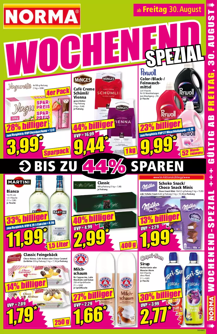 Aktueller Prospekt Norma - Norma - von 26.08 bis 02.09.2024 - strona 17 - produkty: ACC, bohne, Cap, cappuccino, caramel, chia, cin, creme, feinwaschmittel, flasche, kakao, kühlregal, lack, latte, latte macchiato, mac, macchiato, milch, monster, regal, schoko, sirup, snack, sprühflasche, Ti, vita, waschmittel