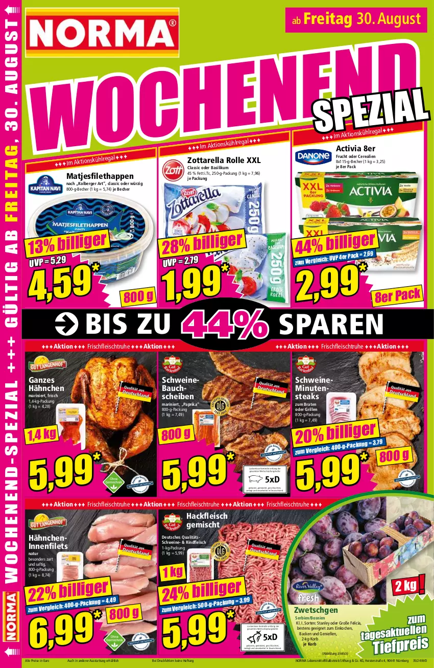 Aktueller Prospekt Norma - Norma - von 26.08 bis 02.09.2024 - strona 18 - produkty: activia, basilikum, Bau, bauchscheiben, Becher, Berger, braten, cerealien, eis, filet, filets, fleisch, frucht, grill, hackfleisch, hackfleisch gemischt, korb, lebensmittel, matjes, Matjesfilet, minutensteaks, natur, paprika, regal, reis, rel, rind, rindfleisch, saft, schwein, schweine, Schweinebauch, schweinebauchscheiben, steak, steaks, Ti, tiefpreis, wein, weine, zott, zottarella