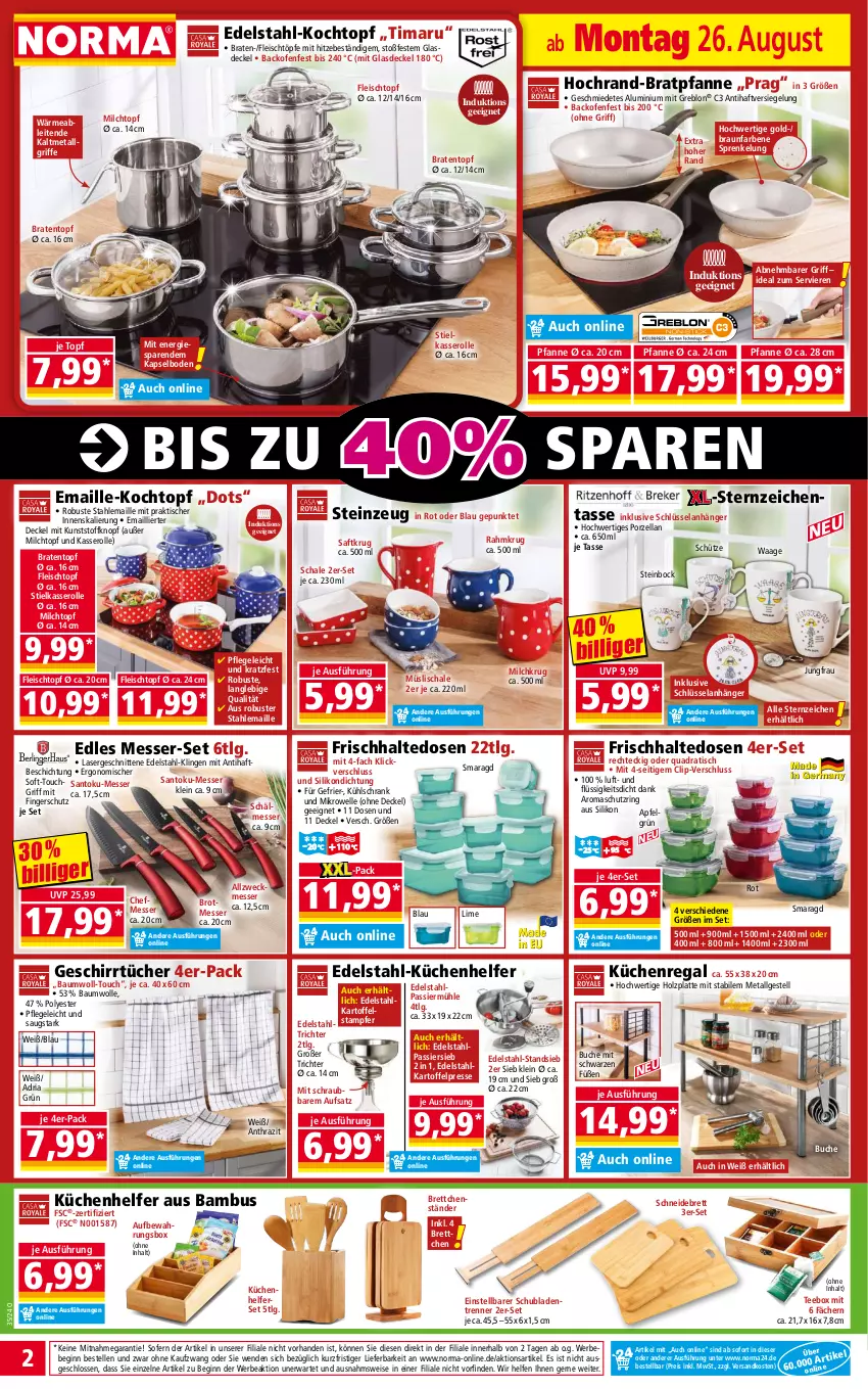 Aktueller Prospekt Norma - Norma - von 26.08 bis 02.09.2024 - strona 2 - produkty: Anhänger, apfel, aufbewahrungsbox, backofen, bambus, Bau, baumwolle, Bebe, braten, Bratentopf, bratpfanne, braun, Brettchen, brot, buch, decke, Deckel, edelstahl, eis, Elan, elle, fleisch, Fleischtopf, frischhaltedosen, geschirr, geschirrtücher, gin, Glasdeckel, Holz, Jungfrau, kartoffel, Kartoffelpresse, Kochtopf, küche, Küchen, Küchenhelfer, Küchenregal, kühlschrank, latte, LG, maille, messer, mikrowelle, milch, müsli, Müslischale, ndk, Ofen, Passiermühle, pfanne, quad, regal, reis, Ria, ring, saft, Schal, Schale, schneidebrett, schnitten, Schrank, schubladen, Schütze, Steinbock, stielkasserolle, tasse, tee, Ti, tisch, topf, tücher, Waage, weck, wolle