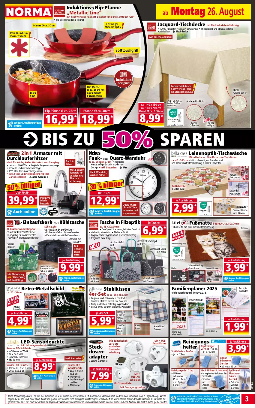 Aktueller Prospekt Norma - Norma - von 26.08 bis 02.09.2024 - strona 3 - produkty: adapter, armatur, auto, batterie, batterien, Bau, baumwolle, Bebe, Behälter, blume, braun, brie, bürste, bürsten, champagne, champagner, creme, decke, dell, einkaufskorb, eis, elle, Familienplaner, flasche, Fußmatte, Garten, gartenschlauch, gin, Grom, herdarten, Hygrometer, kissen, korb, kraft, küche, kühltasche, Läufer, lavendel, LED-Leuchte, led-licht, leine, Leuchte, leuchten, LG, mab, Mett, Mischbatterie, mit thermometer, mitteldecke, Mode, ndk, olive, oliven, pfanne, pfannen, reifen, reiniger, Reinigung, reis, rezept, Ria, Schal, schlauch, Schmetterling, schwamm, sonnenblume, Spiele, spülmittel, steckdose, Steckdosenadapter, stuhl, stuhlkissen, Tasche, thermometer, Ti, Tiere, tisch, tischdecke, tischläufer, Tischwäsche, topf, uhr, usb, wanduhr, wasser, wolle