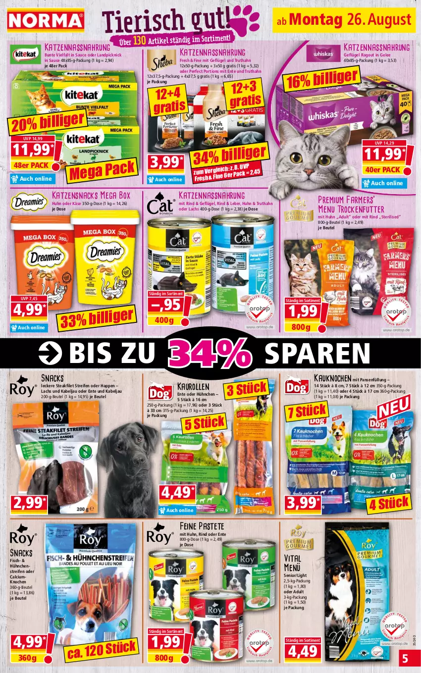 Aktueller Prospekt Norma - Norma - von 26.08 bis 02.09.2024 - strona 5 - produkty: beutel, Calcium, ente, filet, fisch, Geflügel, gelee, Käse, katzensnack, katzensnacks, lachs, Nassnahrung, pastete, Ragout, reifen, rind, sauce, senf, snack, snacks, steak, Ti, trockenfutter, truthahn, vita