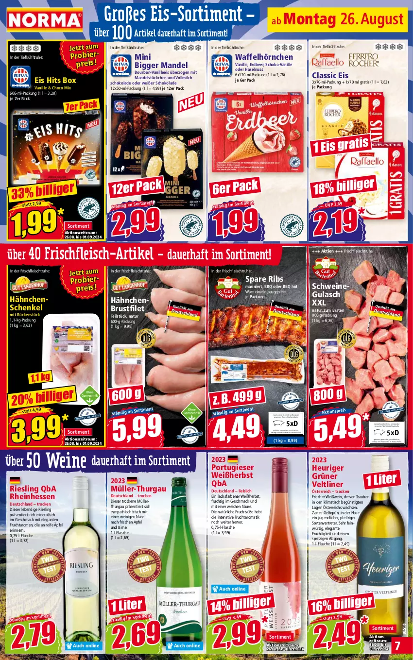 Aktueller Prospekt Norma - Norma - von 26.08 bis 02.09.2024 - strona 7 - produkty: apfel, auer, bier, bourbon, braten, brustfilet, eis, filet, flasche, fleisch, frucht, grüner veltliner, gulasch, hähnchenbrust, hähnchenbrustfilet, hähnchenschenkel, haselnuss, henkel, Heu, hörnchen, lachs, mac, mandel, milch, Müller, Müller-Thurgau, natur, nuss, reis, riesling, schenkel, schoko, schokolade, schwein, schweine, schweinegulasch, spare ribs, Ti, tisch, trauben, vanille, vollmilch, Waffelhörnchen, wein, weine, Weißwein