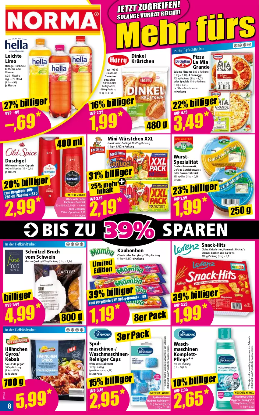 Aktueller Prospekt Norma - Norma - von 26.08 bis 02.09.2024 - strona 8 - produkty: auer, Bau, Bauer, beere, beutel, bio, biozidprodukte, Cap, chips, deo, deospray, Deostick, duschgel, erdbeere, erdnuss, flasche, geback, Geflügel, gutsleberwurst, gyros, himbeer, himbeere, hygiene-reiniger, leberwurst, LG, limo, maggi, maschinenreiniger, messer, Mett, Mini-Würstchen, nuss, oder deospray, Ofen, orange, pizza, Pommels, Rauch, reiniger, rwe, saltletts, schnitzel, schwein, snack, Spezi, spülmaschinen, steinofen, Ti, waschmaschine, waschmaschinen, wein, wurst, würstchen, zitrone