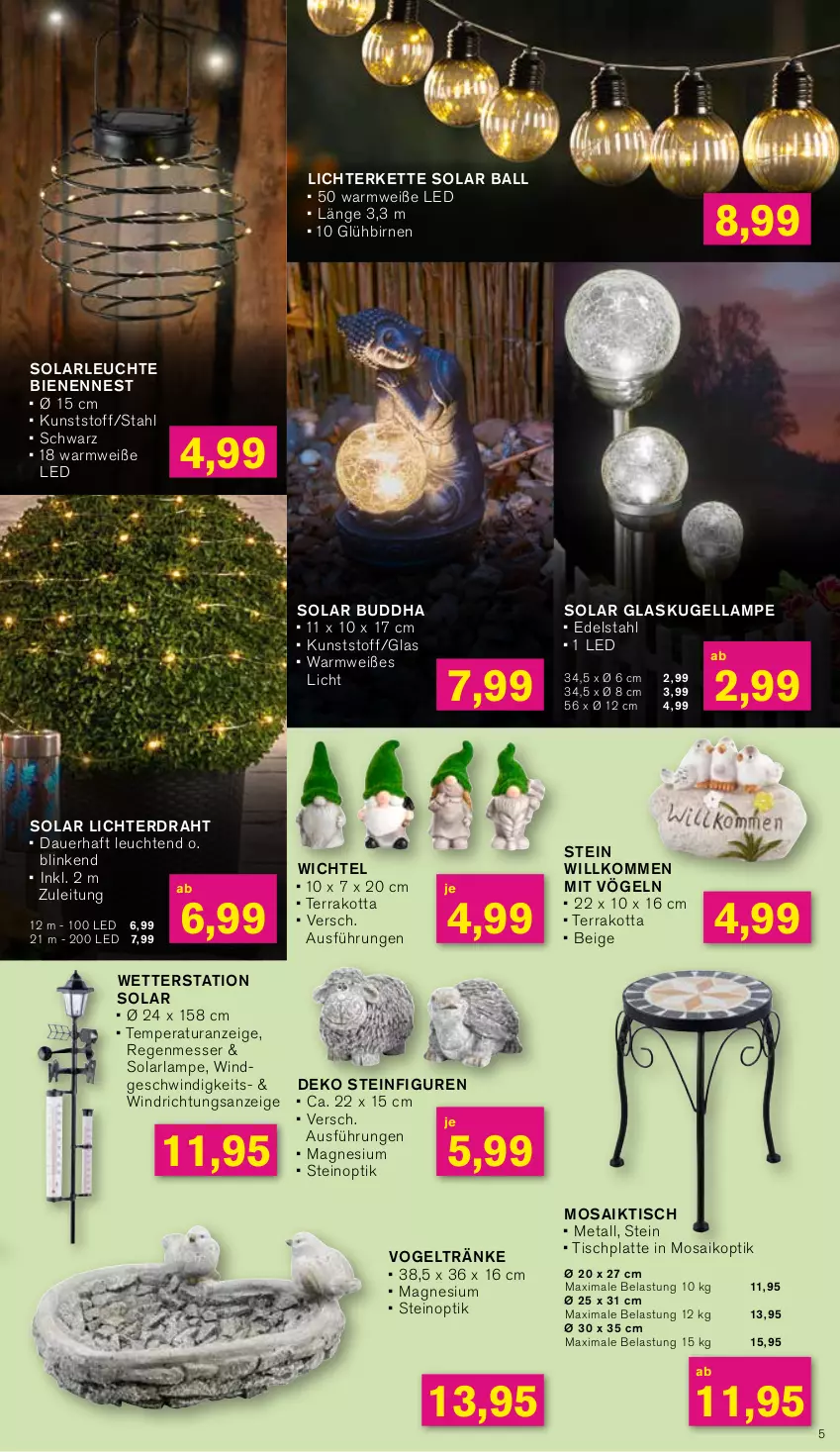 Aktueller Prospekt Kodi - Prospekte - von 18.03 bis 23.03.2024 - strona 5 - produkty: arla, auer, ball, Birnen, Buddha, Draht, edelstahl, Glaskugel, HP, Kette, Kugel, Lampe, latte, Leuchte, leuchten, lichterkette, magnesium, messer, solarlampe, solarleuchte, Ti, tisch, tischplatte, Wetterstation, Wichtel