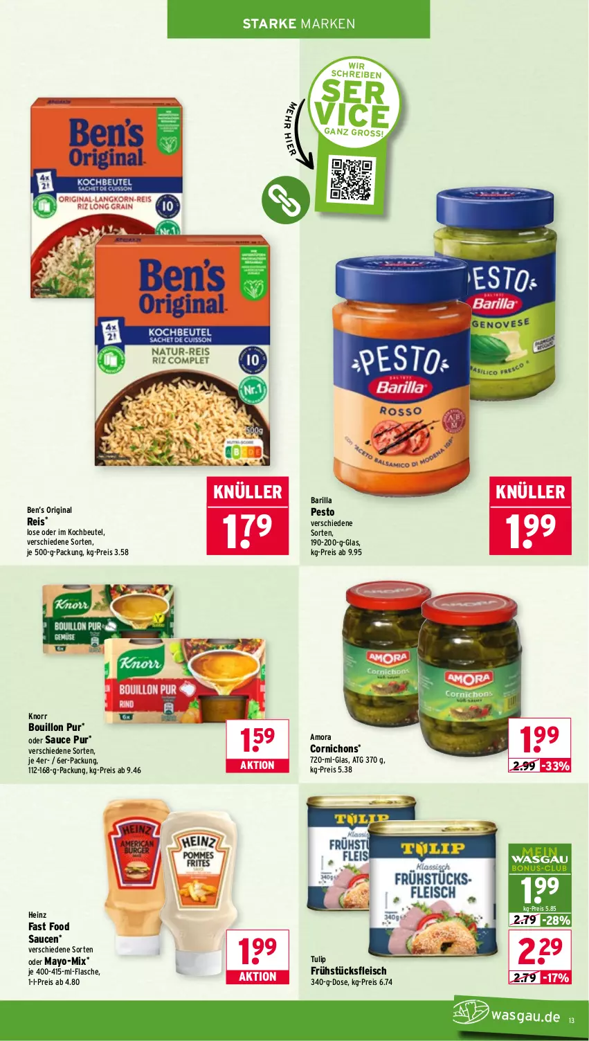 Aktueller Prospekt Wasgau - von 16.03 bis 21.03.2026 - strona 13 - produkty: barilla, Ben’s Original, beutel, eis, flasche, fleisch, frühstücksfleisch, gin, heinz, knorr, kochbeutel, pesto, reis, sauce, saucen, Ti, tulip, Yo