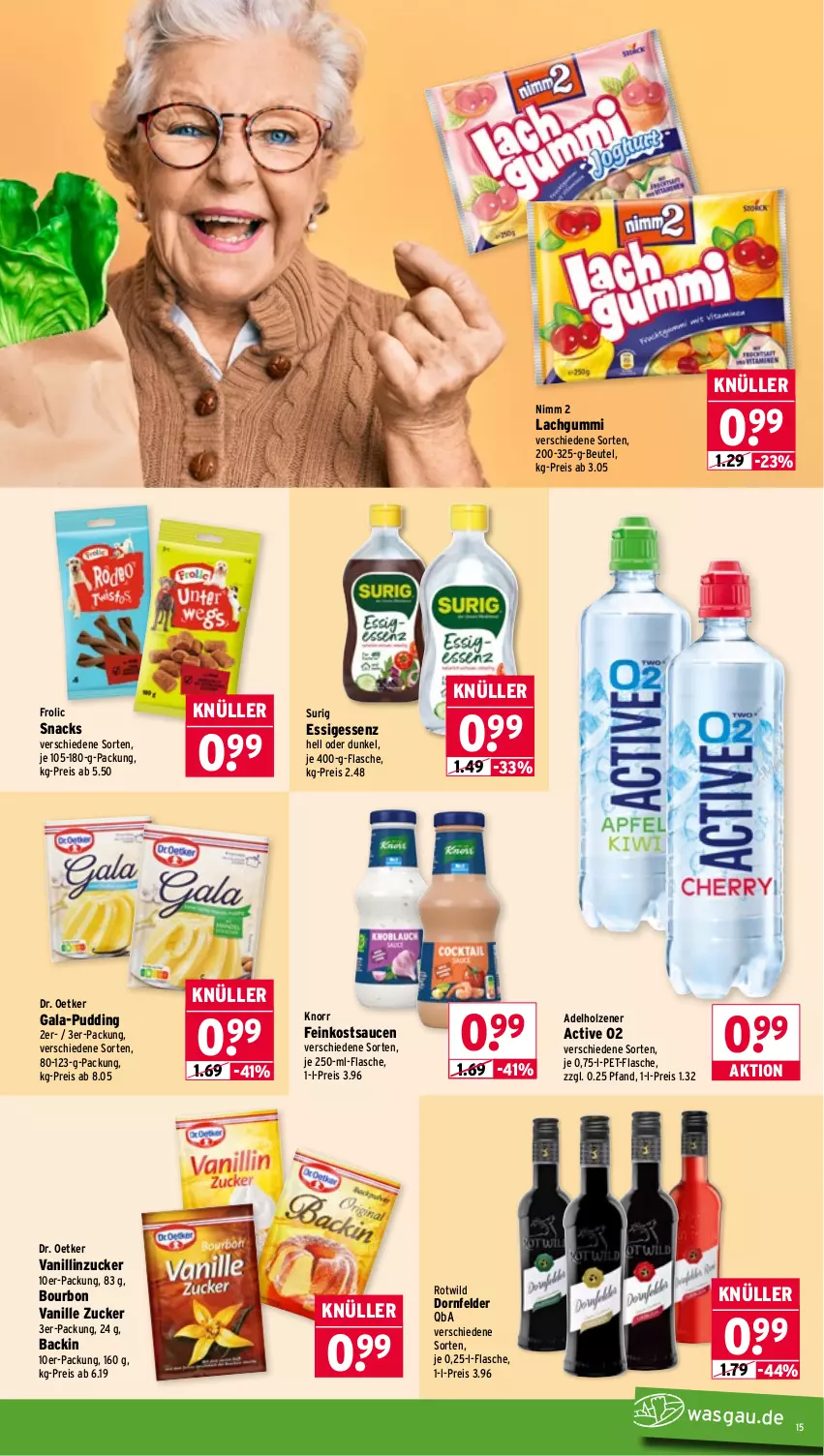 Aktueller Prospekt Wasgau - von 16.03 bis 21.03.2026 - strona 15 - produkty: adelholzener, beutel, bourbon, bourbon vanille, dornfelder, Dr. Oetker, eis, essig, feinkost, flasche, frolic, Holz, knorr, lachgummi, Nimm 2, pet-flasche, pudding, reis, sauce, saucen, snack, snacks, Ti, vanille, Vanille Zucker, Wild, zucker