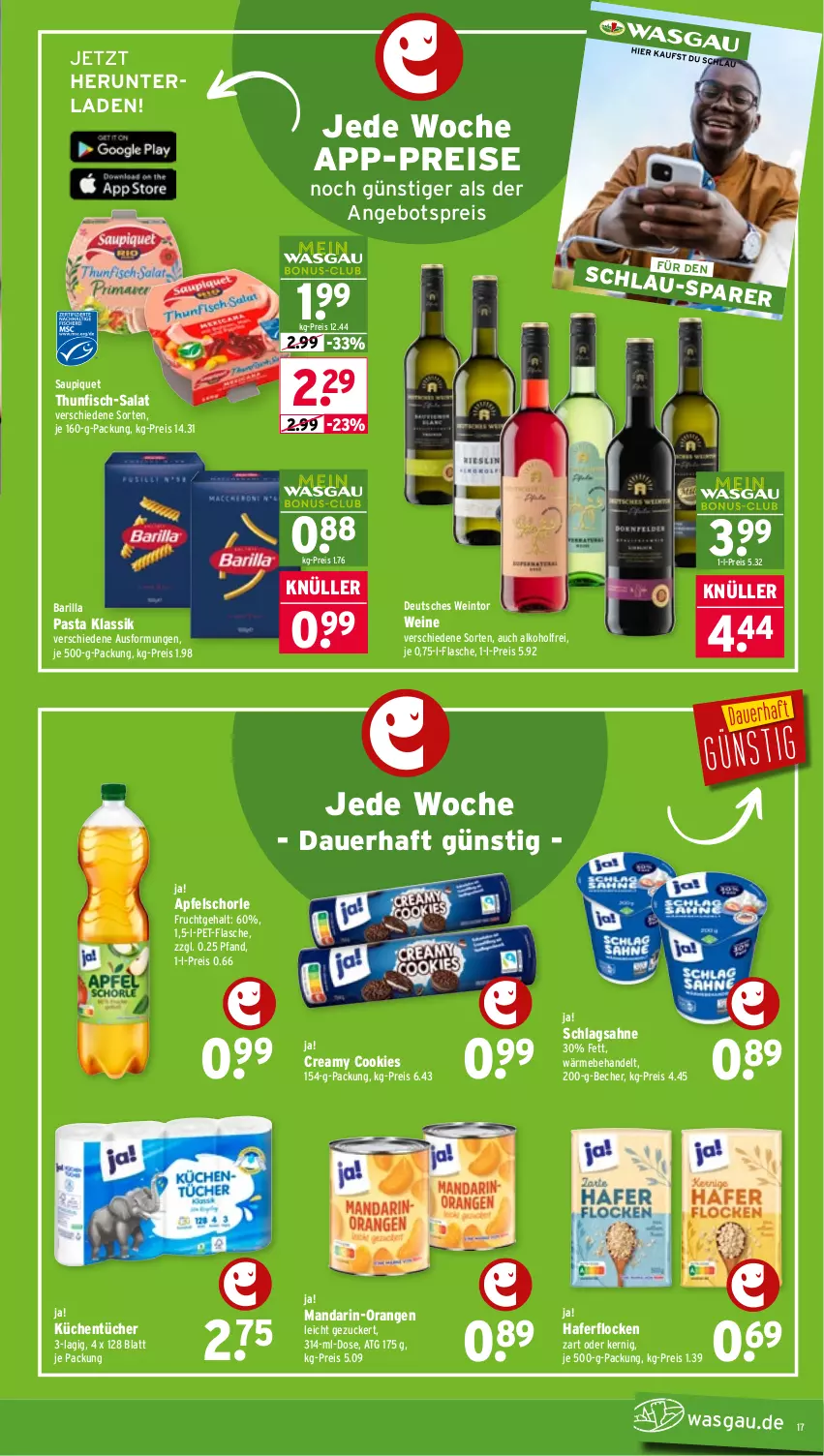 Aktueller Prospekt Wasgau - von 16.03 bis 21.03.2026 - strona 17 - produkty: alkohol, angebot, angebotspreis, apfel, Apfelschorle, auer, barilla, Becher, cookie, cookies, eis, fisch, flasche, frucht, hafer, haferflocken, küche, Küchen, küchentücher, mandarin-orangen, orange, orangen, pasta, pet-flasche, reis, sahne, salat, saupiquet, schlagsahne, schorle, thunfisch, Ti, tücher, wein, weine, zucker