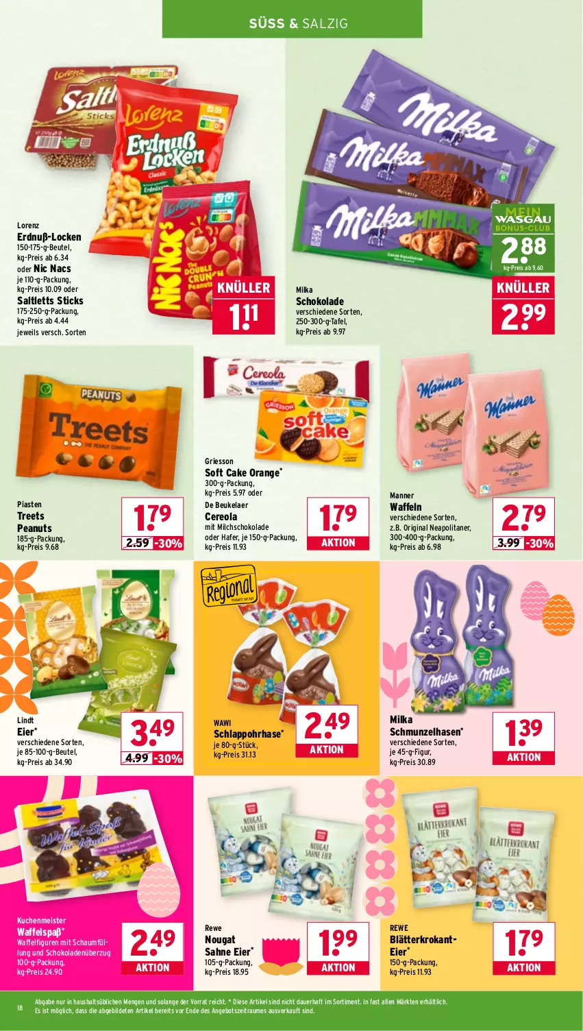Aktueller Prospekt Wasgau - von 16.03 bis 21.03.2026 - strona 18 - produkty: angebot, auer, beutel, de beukelaer, eier, eis, gin, griesson, hafer, kuchen, kuchenmeister, lindt, lorenz, Manner, Meister, milch, milka, milka schokolade, orange, reis, sahne, saltletts, salz, schoko, schokolade, schokoladen, Ti, waffeln