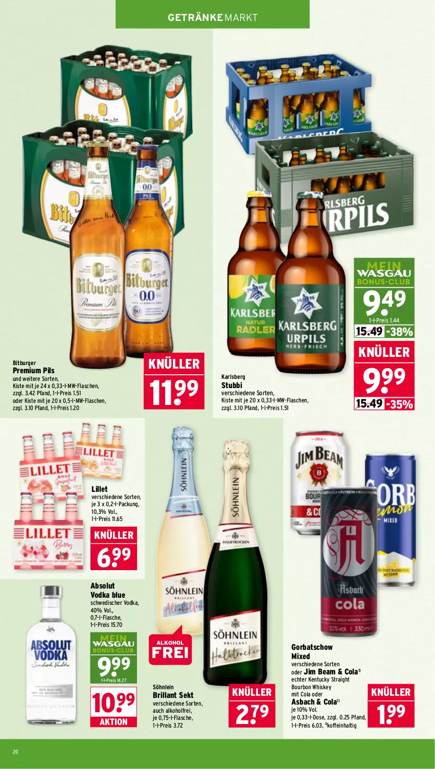 Aktueller Prospekt Wasgau - von 16.03 bis 21.03.2026 - strona 20 - produkty: Absolut Vodka, alkohol, bitburger, bourbon, bourbon whiskey, brillant sekt, burger, cola, eis, flasche, getränk, getränke, Gorbatschow, jim beam, karlsberg, kentucky straight, lillet, mw-flasche, pils, premium pils, reis, sekt, söhnlein, söhnlein brillant, Ti, tuc, vodka, whiskey