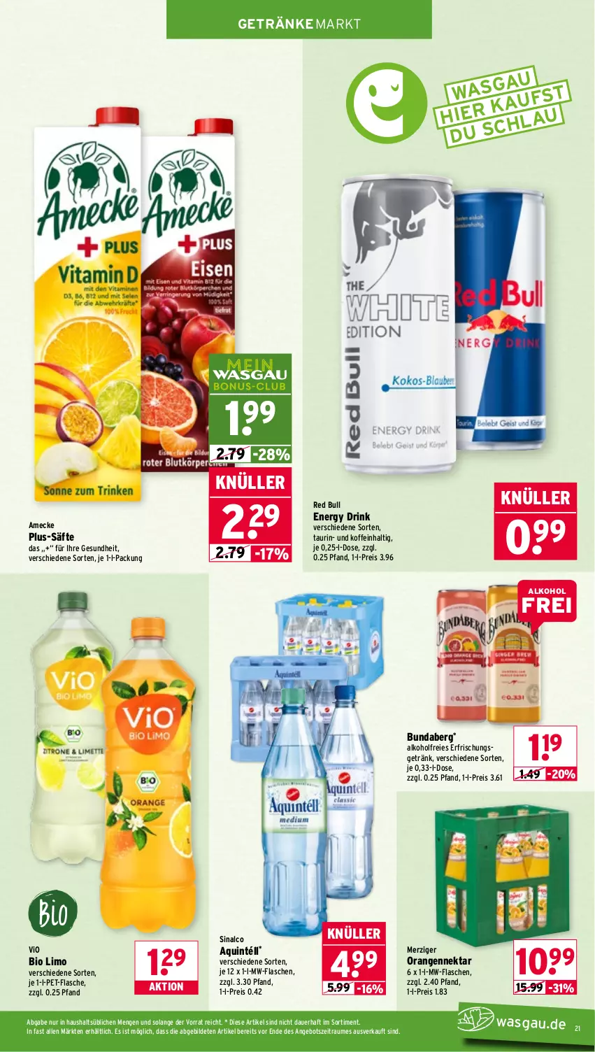 Aktueller Prospekt Wasgau - von 16.03 bis 21.03.2026 - strona 21 - produkty: alkohol, amecke, angebot, auer, bio, bio limo, Bundaberg, drink, eis, energy drink, erfrischungsgetränk, flasche, Gesundheit, getränk, getränke, limo, mw-flasche, Nektar, orange, orangen, pet-flasche, red bull, reis, säfte, sinalco, Ti, vio bio limo