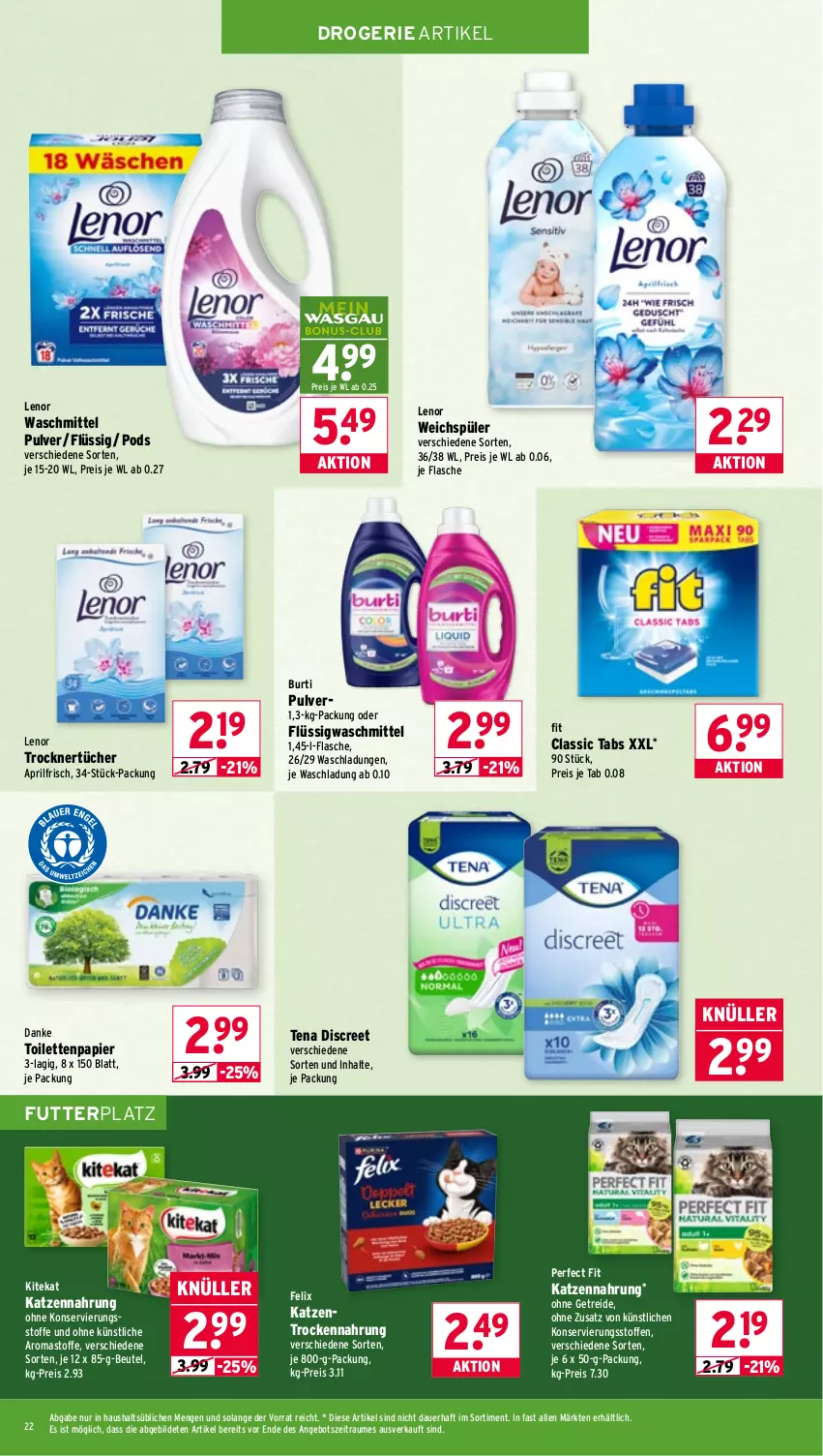 Aktueller Prospekt Wasgau - von 16.03 bis 21.03.2026 - strona 22 - produkty: angebot, auer, beutel, burti, Discreet, drucker, eis, Engel, felix, flasche, katzennahrung, kerze, kitekat, lenor, lenor waschmittel, lenor weichspüler, papier, Perfect Fit, Pods, pril, reis, Ti, toilettenpapier, Trockennahrung, Trockner, tücher, waschmittel, weichspüler