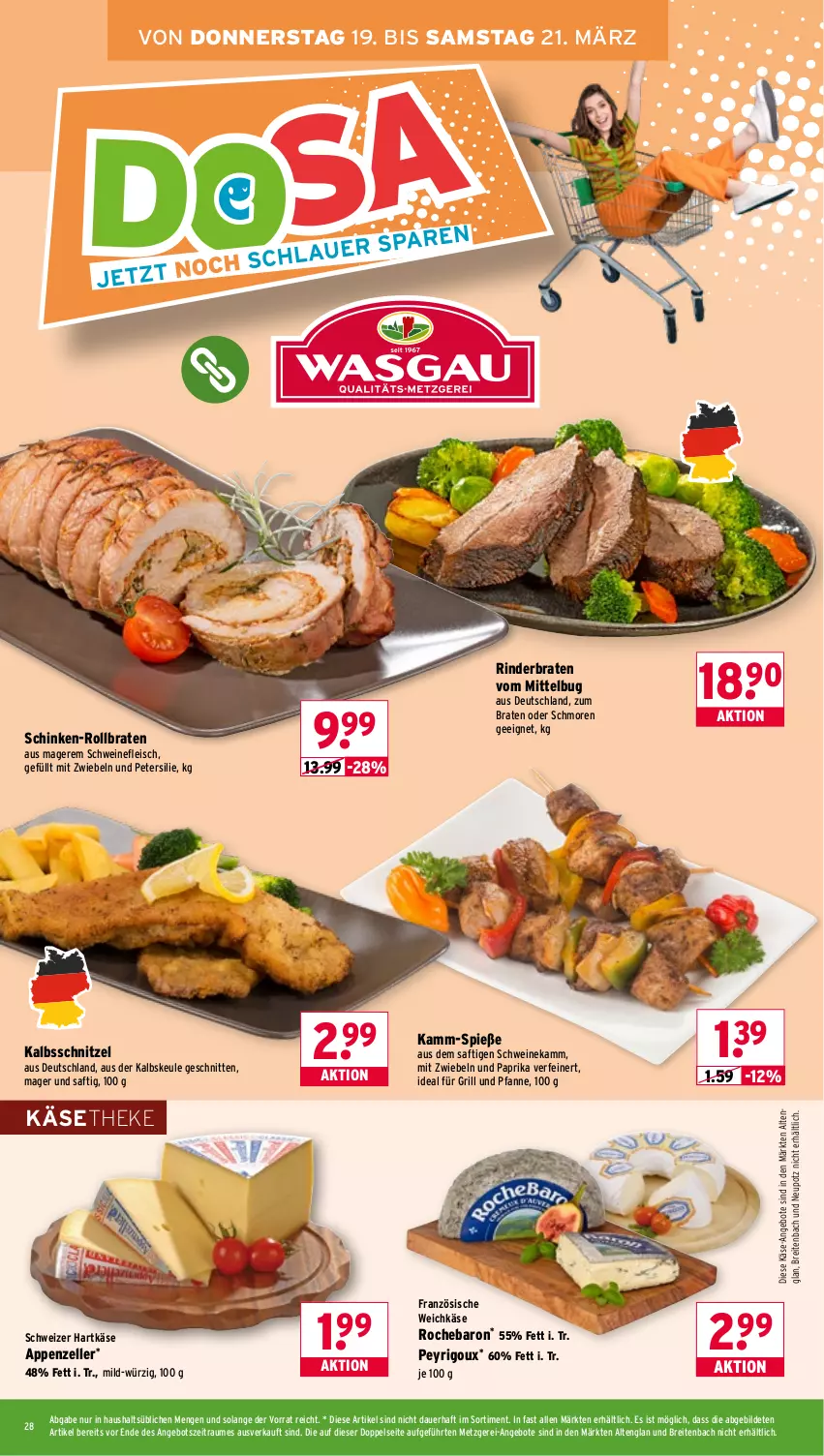 Aktueller Prospekt Wasgau - von 16.03 bis 21.03.2026 - strona 28 - produkty: angebot, angebote, appenzeller, auer, braten, Brei, eis, elle, fleisch, für grill und pfanne, grill, grill und pfanne, hartkäse, ideal für grill, ideal für grill und pfanne, kalbsschnitzel, Käse, käsetheke, mit zwiebeln, paprika, petersilie, pfanne, rind, rinder, rinderbraten, rollbraten, saft, schinken, schnitten, schnitzel, schwein, schweine, schweinefleisch, schweizer hartkäse, Ti, und pfanne, weichkäse, wein, weine, zwiebel, zwiebeln