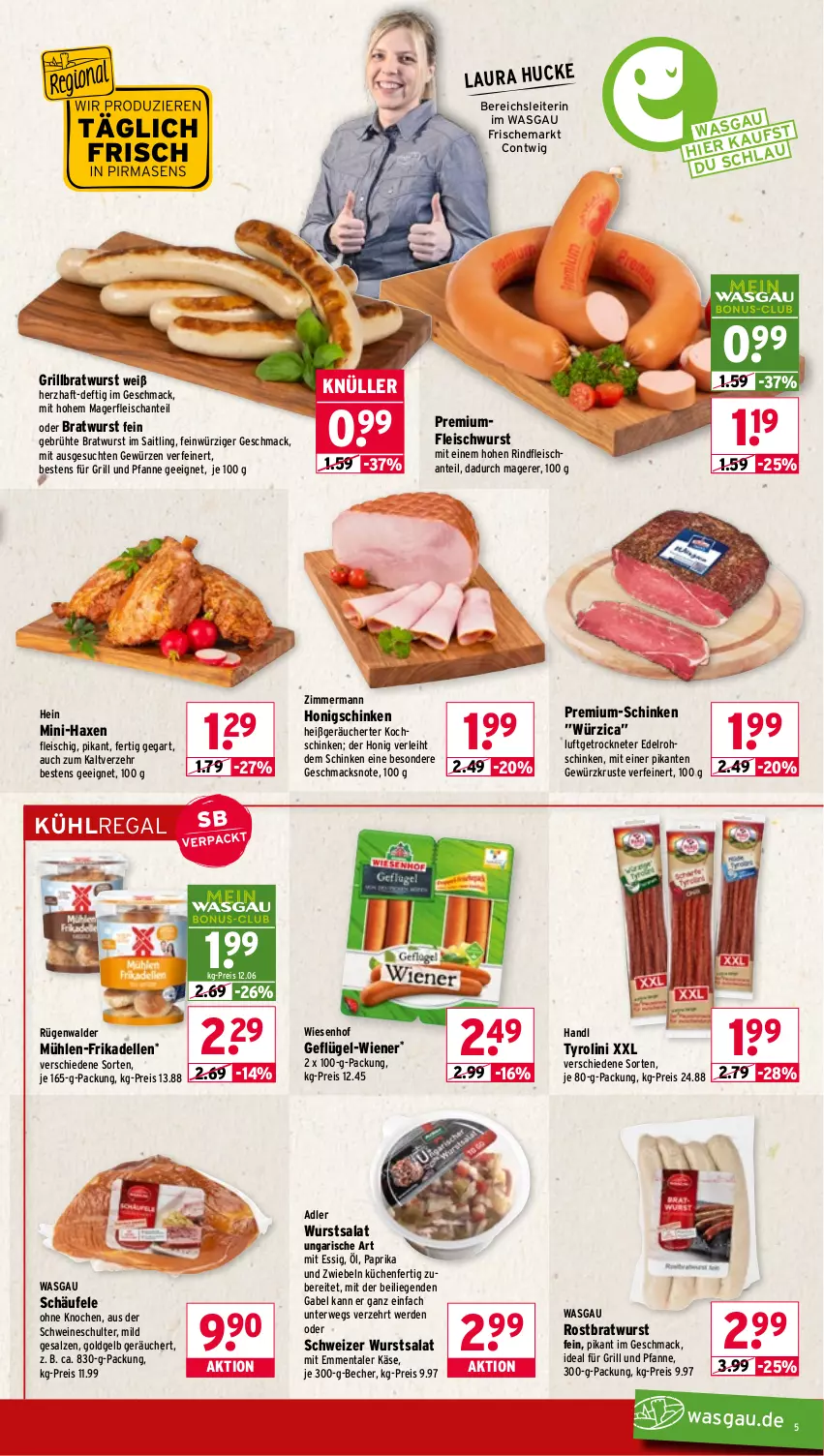 Aktueller Prospekt Wasgau - von 16.03 bis 21.03.2026 - strona 5 - produkty: axe, Becher, bratwurst, dell, eis, elle, emmentaler, erde, essig, fleisch, fleischwurst, frikadellen, für grill und pfanne, gabel, Geflügel, gewürz, grill, grill und pfanne, grillbratwurst, Haxe, honig, ideal für grill, ideal für grill und pfanne, Käse, kochschinken, küche, Küchen, kühlregal, Liege, mac, paprika, pfanne, regal, reis, rind, rindfleisch, rohschinken, rostbratwurst, rügenwalder, rügenwalder mühle, rwe, salat, salz, schinken, schwein, schweine, Ti, und pfanne, wein, weine, wiener, wiesenhof, wurst, zwiebel, zwiebeln