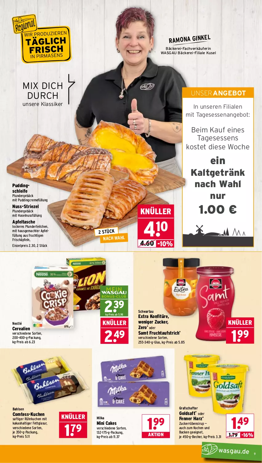 Aktueller Prospekt Wasgau - von 16.03 bis 21.03.2026 - strona 9 - produkty: angebot, apfel, Apfeltasche, aufstrich, bahlsen, Becher, cerealien, comtess, creme, eis, frucht, fruchtaufstrich, getränk, gin, goldsaft, grafschafter, haselnuss, kakao, konfitüre, kuchen, mac, milka, nestlé, nuss, Plunder, pudding, reis, saft, Schwartau, sirup, Tasche, Ti, zucker