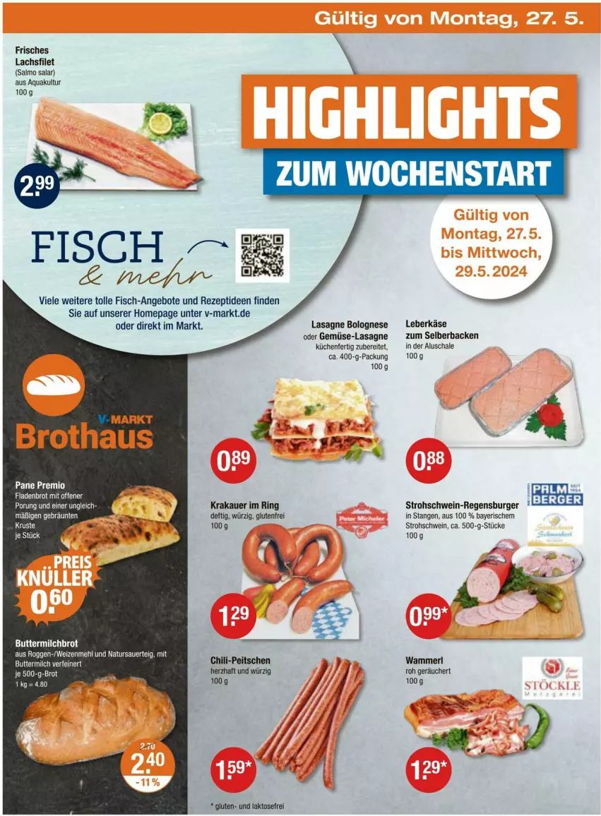 Aktueller Prospekt Vmarkt - Prospekte - von 23.05 bis 29.05.2024 - strona 22 - produkty: angebot, angebote, aqua, auer, Berger, bolognese, brot, burger, butter, buttermilch, chili, filet, fisch, Fladenbrot, HP, Käse, krakauer, küche, Küchen, lachs, lachsfilet, lasagne, leberkäs, leberkäse, mehl, merl, milch, natur, Omep, regensburger, rezept, ring, Schal, Schale, schwein, Ti, wein, weizenmehl