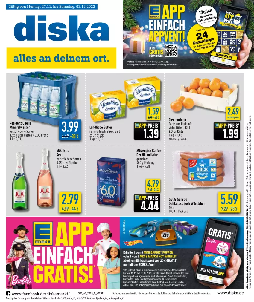 Aktueller Prospekt Diska - Prospekte - von 27.11 bis 02.12.2023 - strona 1 - produkty: aktionspreis, Alwa, angebot, angebote, auer, buch, butter, deka, eis, elle, flasche, guthabenkarte, gutschein, kaffee, kraft, landliebe, Mattel, mineralwasser, mm extra, mövenpick, mövenpick kaffee, nuss, reis, sekt, Streichzart, Tchibo, tee, Ti, wasser, würstchen, ZTE