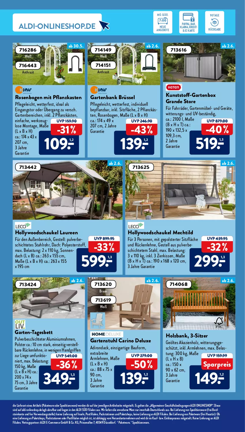 Aktueller Prospekt AldiSud - ALDI Aktuell - von 30.05 bis 04.06.2022 - strona 13 - produkty: aldi, angebot, angebote, armlehnen, aust, Bank, Bau, bett, braun, Brei, eis, elle, erde, Garten, gartenbank, gartenmöbel, gartenstuhl, hollywoodschaukel, Holz, kissen, LG, Liege, möbel, Pflanzkasten, reis, rosen, rückenlehne, rwe, Schaukel, stuhl, Tagesbett, Ti, werkzeug, zierkissen