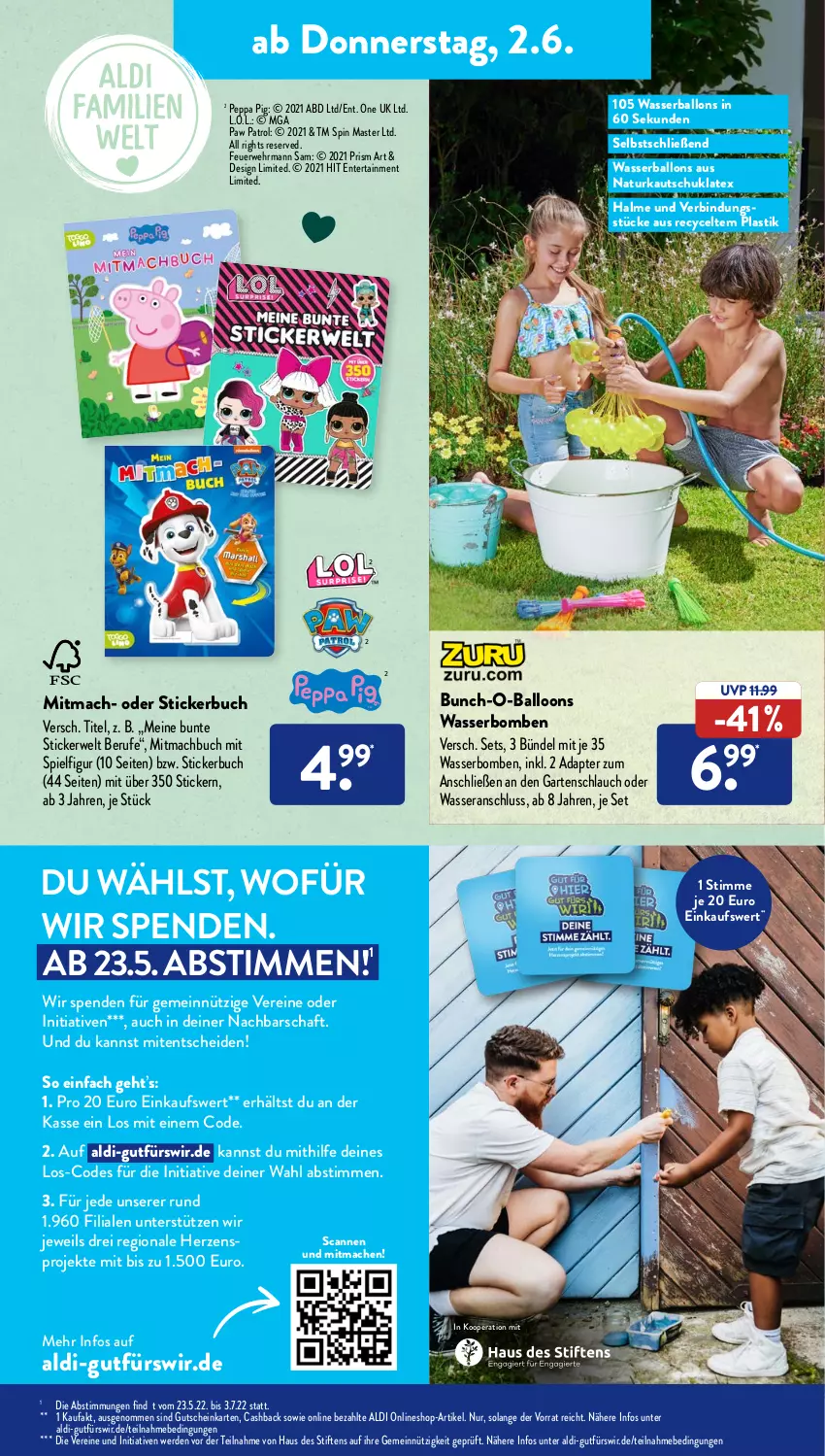 Aktueller Prospekt AldiSud - ALDI Aktuell - von 30.05 bis 04.06.2022 - strona 17 - produkty: adapter, aldi, asti, ball, buch, ehrmann, ente, erde, Garten, gartenschlauch, gutschein, mac, natur, Paw Patrol, Peppa Pig, rwe, schlauch, Stickerbuch, stifte, Ti, wasser, Wasserball, Wasserballons, wasserbomben