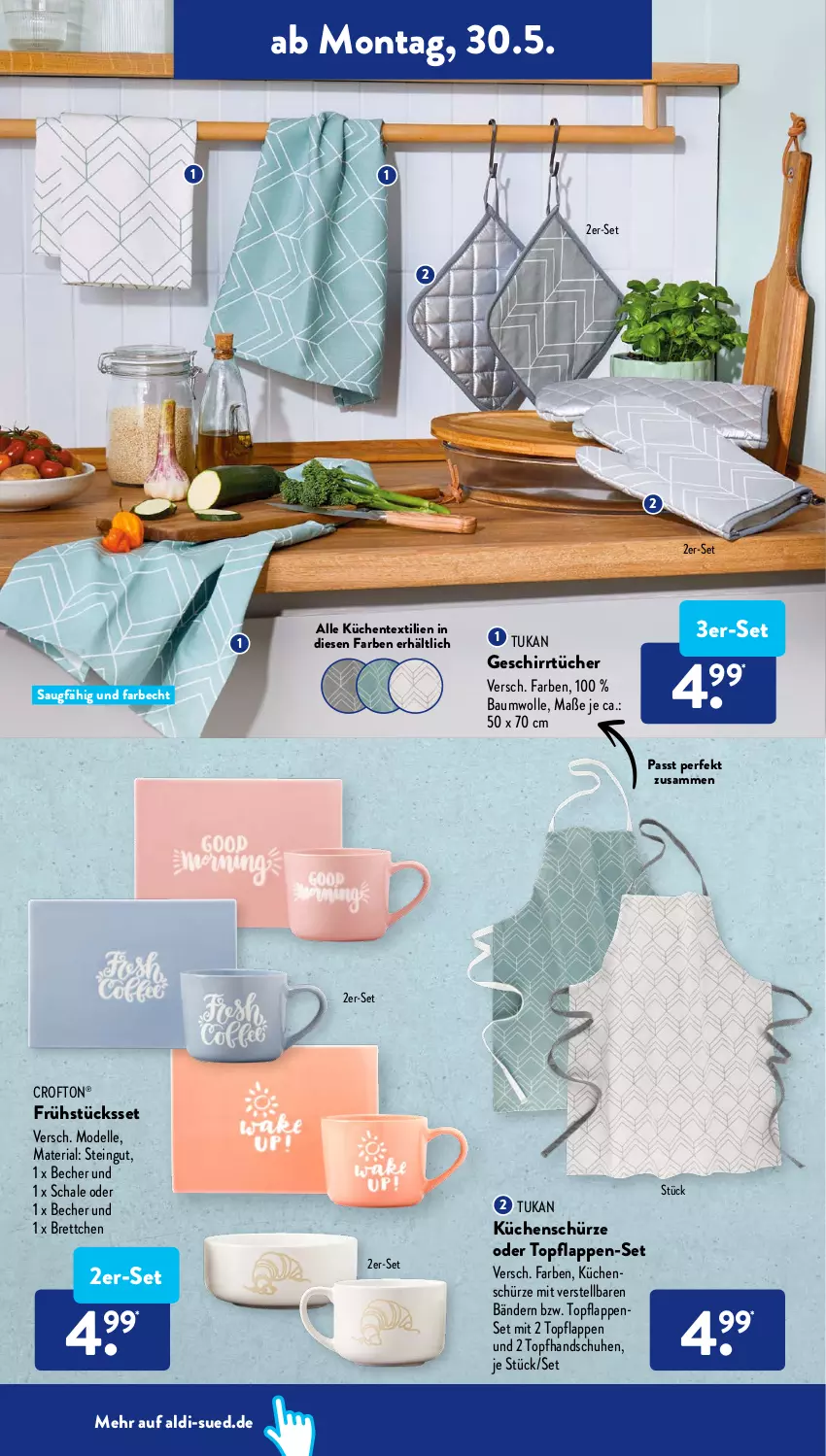 Aktueller Prospekt AldiSud - ALDI Aktuell - von 30.05 bis 04.06.2022 - strona 2 - produkty: aldi, Bau, baumwolle, Becher, Brettchen, Crofton, crofton®, dell, elle, ente, geschirr, geschirrtücher, handschuhe, küche, Küchen, Küchenschürze, Mode, Ria, Schal, Schale, schuhe, Schürze, Ti, topf, tücher, wolle