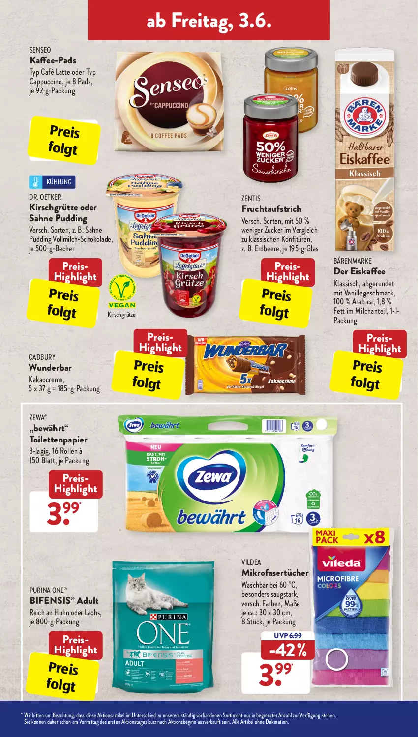 Aktueller Prospekt AldiSud - ALDI Aktuell - von 30.05 bis 04.06.2022 - strona 29 - produkty: alle artikel ohne dekoration, aufstrich, bärenmarke, Becher, beere, Cap, cappuccino, cin, creme, dekoration, Dr. Oetker, eis, eiskaffee, erdbeere, frucht, fruchtaufstrich, gin, grütze, kaffee, kaffee-pads, kakao, kirsch, Kirschgrütze, konfitüre, konfitüren, lachs, latte, LG, mac, mikrofaser, Mikrofasertücher, milch, papier, pudding, purina, reis, sahne, schoko, schokolade, senseo, Ti, toilettenpapier, tücher, vanille, vollmilch, zentis, zewa, ZTE, zucker