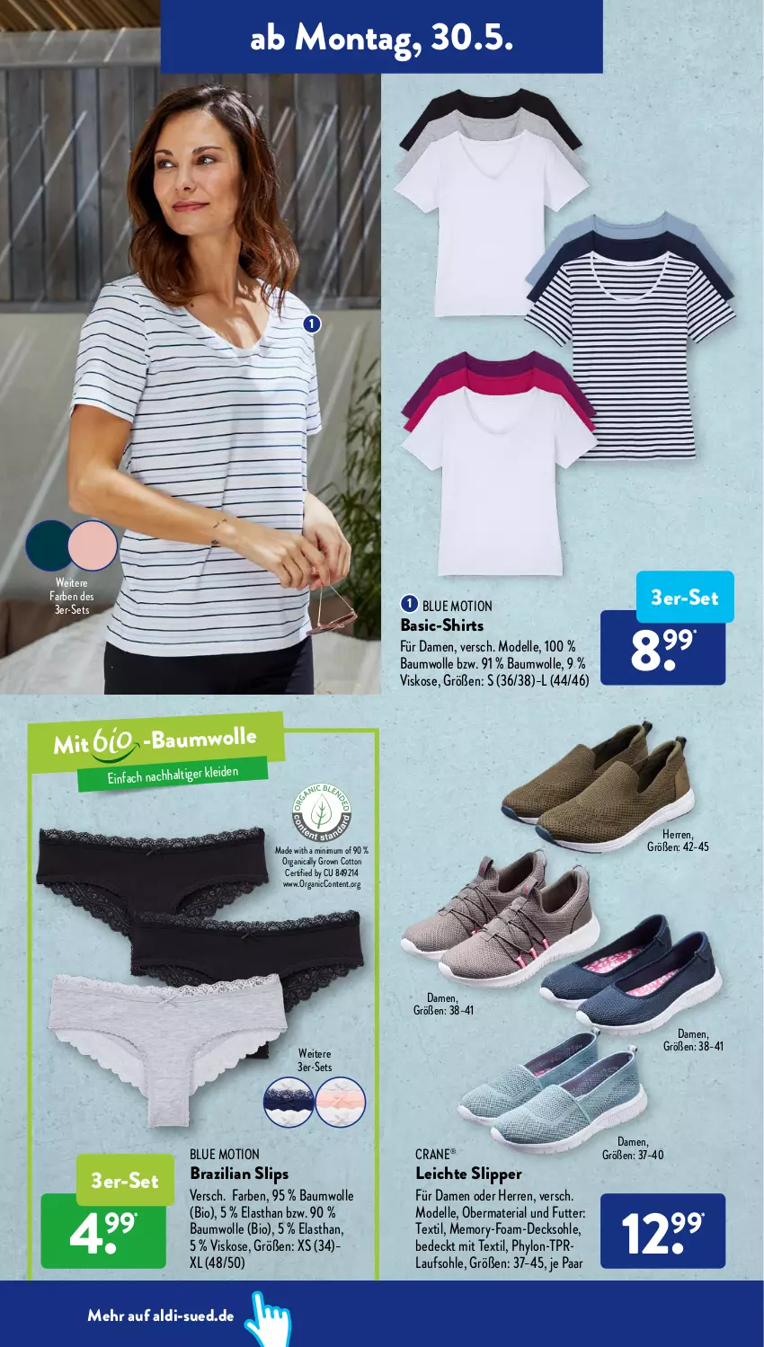 Aktueller Prospekt AldiSud - ALDI Aktuell - von 30.05 bis 04.06.2022 - strona 8 - produkty: aldi, Bau, baumwolle, bio, Brazilian, decksohle, dell, elle, Hylo, Mode, Ria, shirt, shirts, slip, Slipper, slips, Ti, wolle